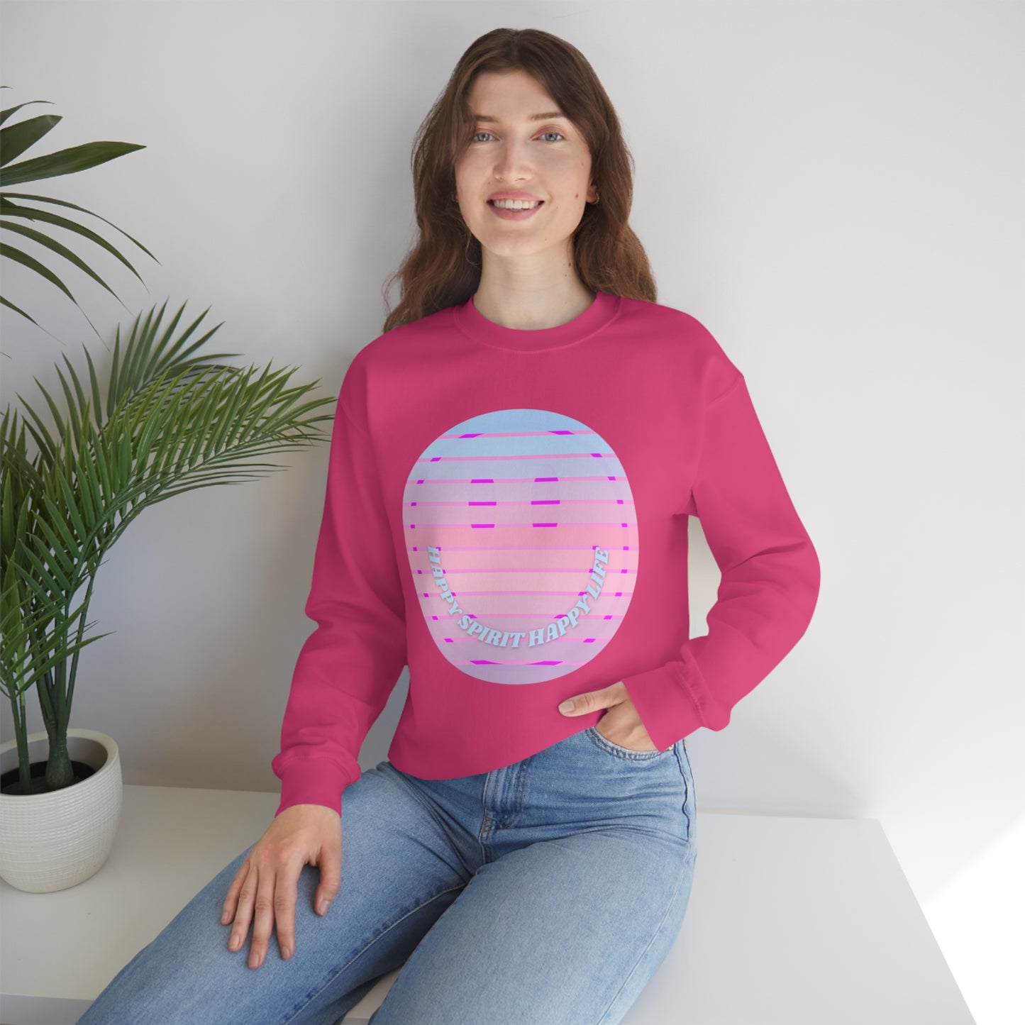 Happy Spirit Happy Life Sweatshirt, VSCO Girl Crewneck, Oversized Retro Font Graphic Tumblr, Front Print Smile Face Trendy Cover Up
