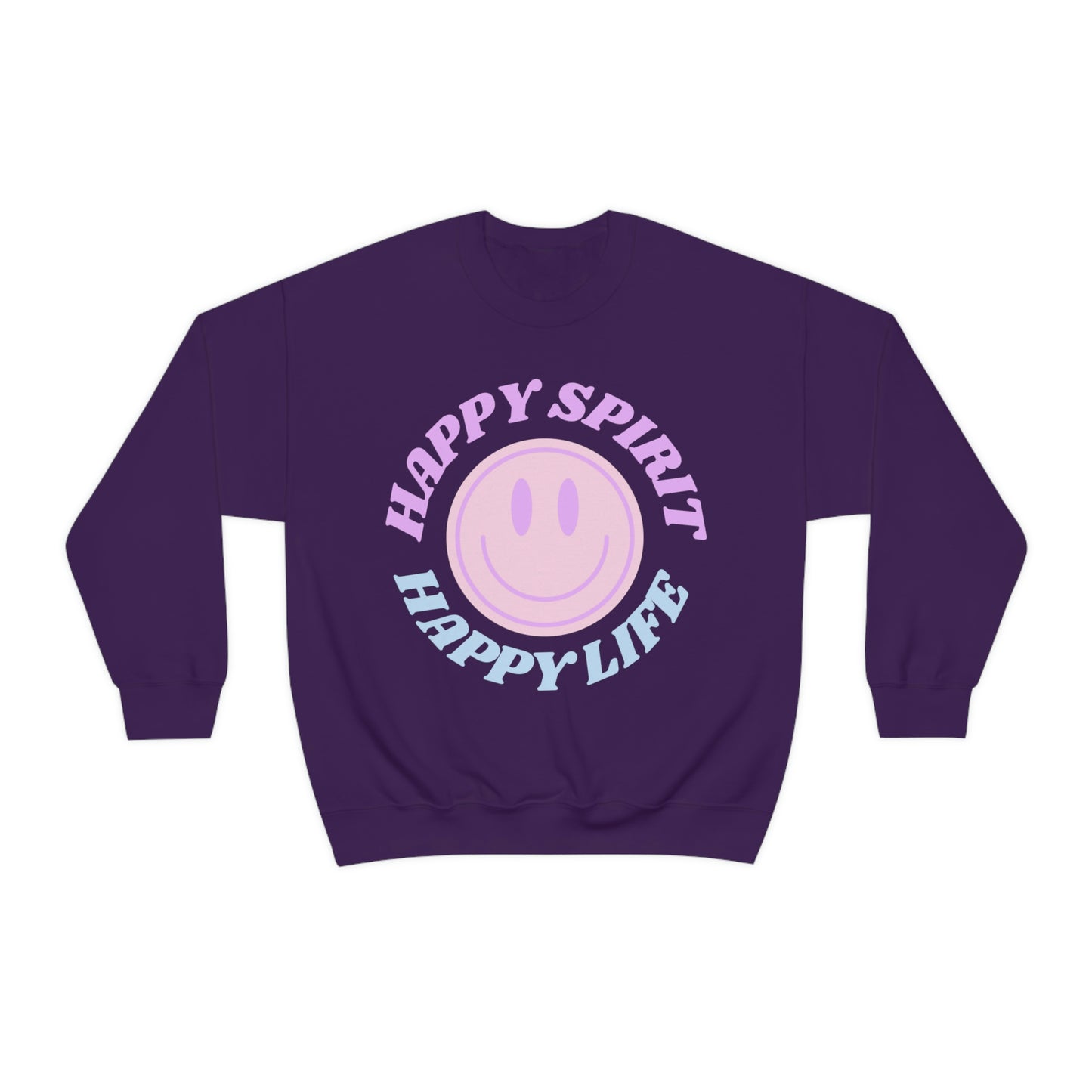 Happy Spirit Happy Life Sweatshirt, VSCO Girl Crewneck, Oversized Retro Font Graphic Tumblr, Front Print Smile Face Trendy Cover Up