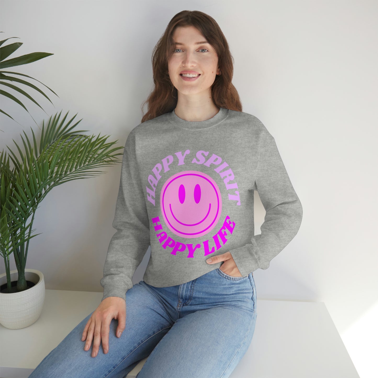 Happy Spirit Happy Life Sweatshirt, VSCO Girl Crewneck, Oversized Retro Font Graphic Tumblr, Front Print Smile Face Trendy Cover Up