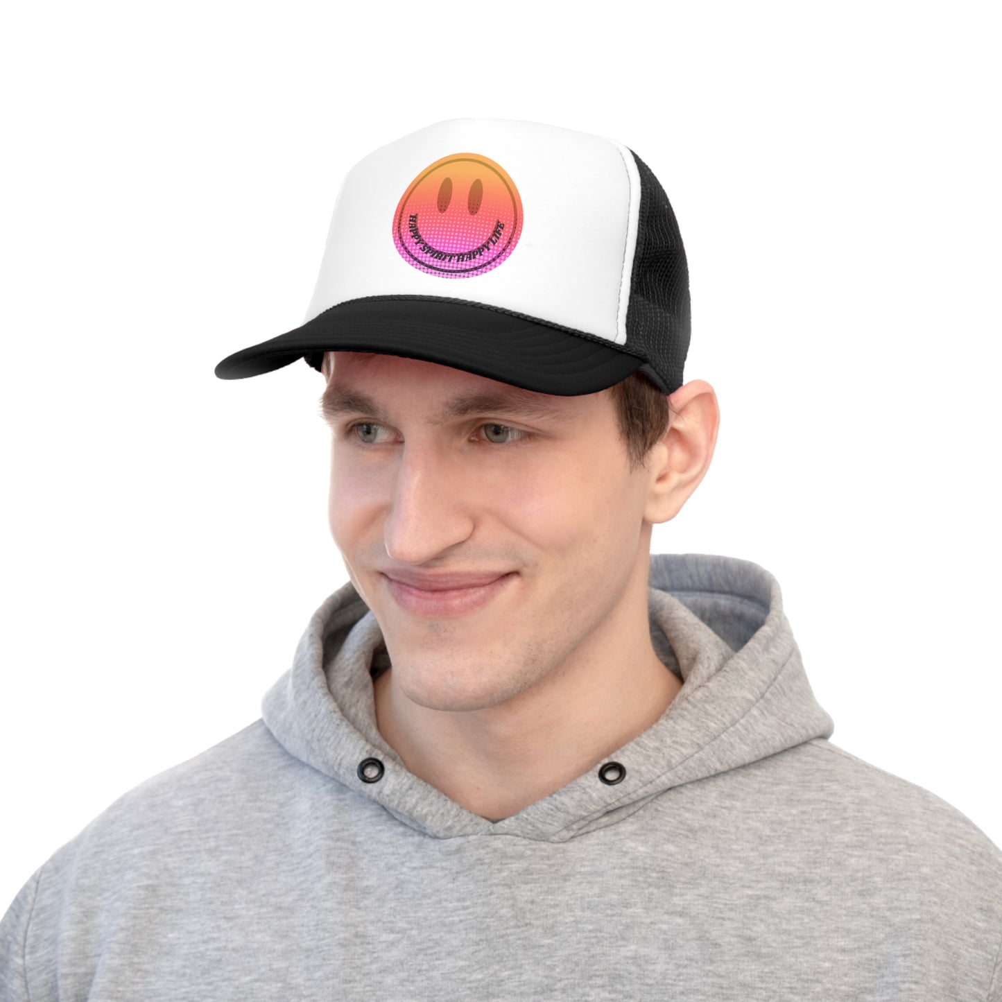 Hat Happy Spirit Happy Life, Aesthetic Sunset Hat, Smile Tumblr Hat, Trendy Trucker Hat, Vsco Girl, Pink Graphic Trucker Hat, Baseball Hat