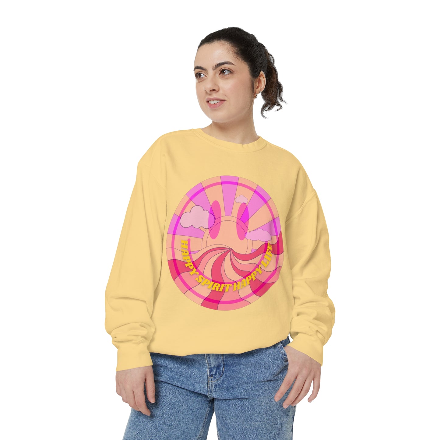 Aesthetic Smile Hoodie, Smile Face Comfort Colors Crewneck, Happy Spirit Happy Life Sunset Smile Sweatshirt, Unisex Garment-Dyed Sweatshirt