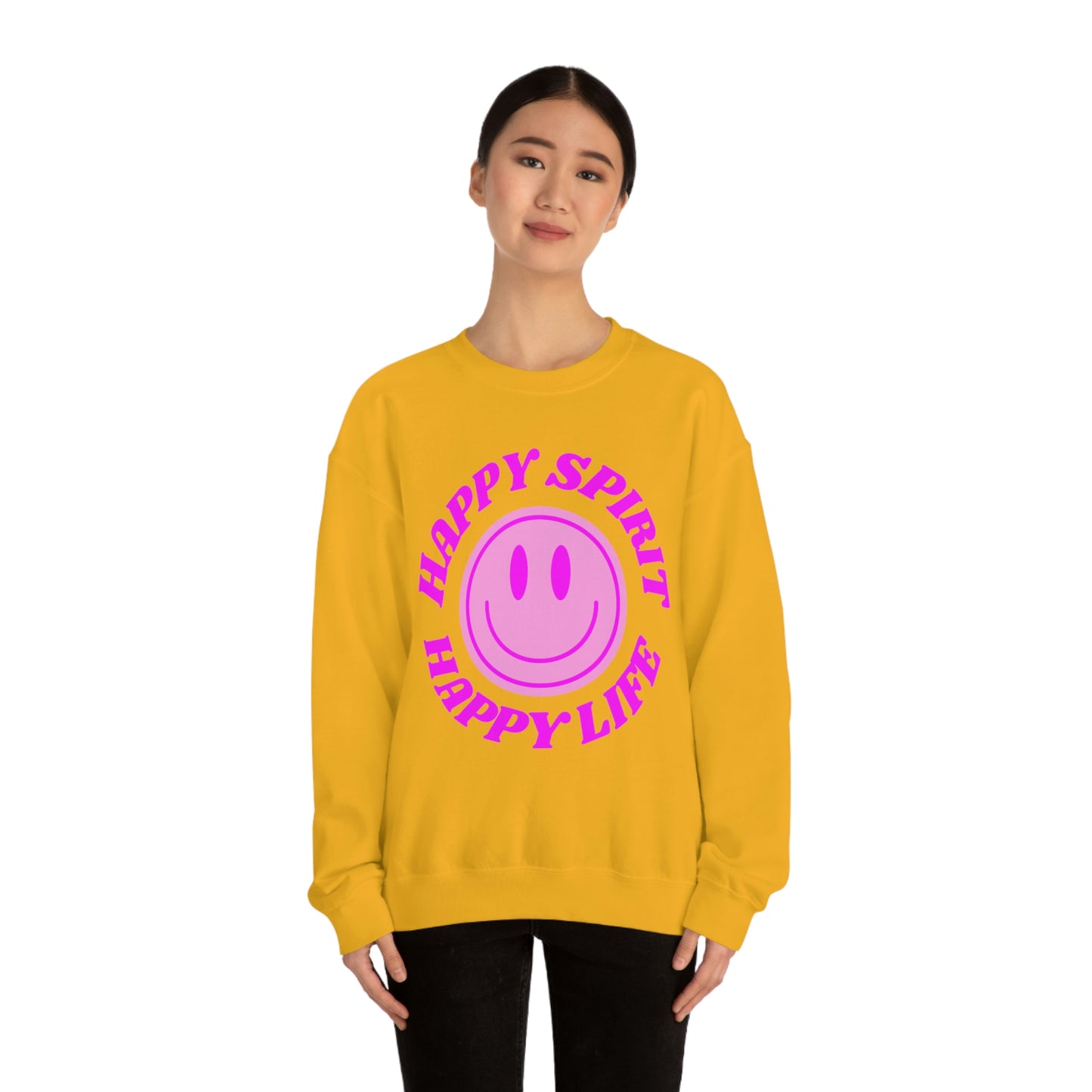 Happy Spirit Happy Life Sweatshirt, VSCO Girl Crewneck, Oversized Retro Font Graphic Tumblr, Front Print Smile Face Trendy Cover Up