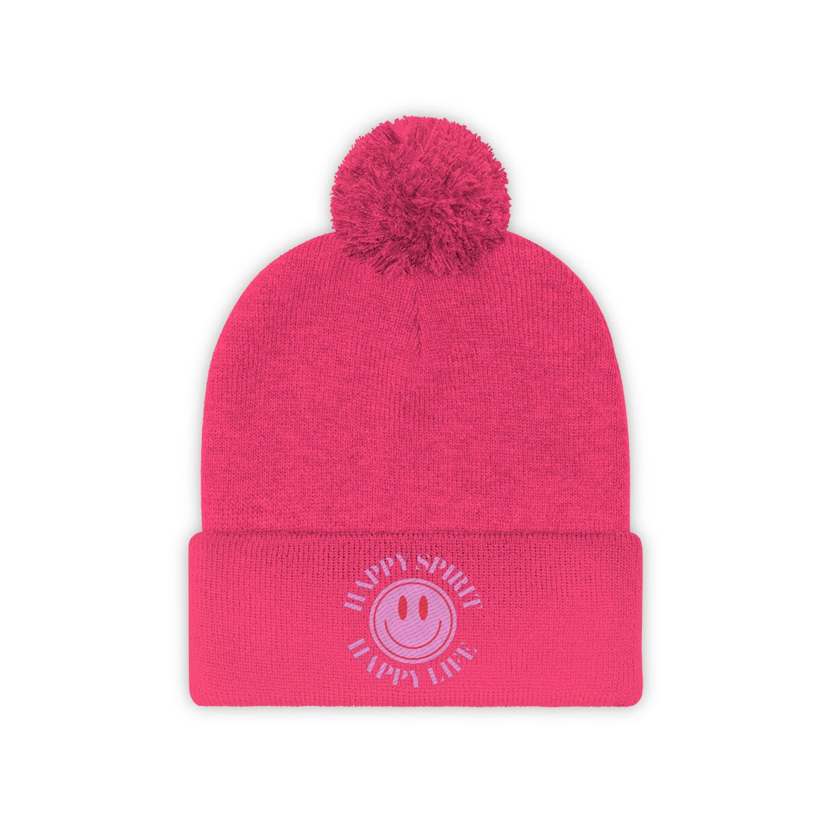 Happy Spirit Happy Life Pom Pom Beanie, Pink Smile Face Skull Cap, Aesthetic Pink Smile Winter Wool Hat