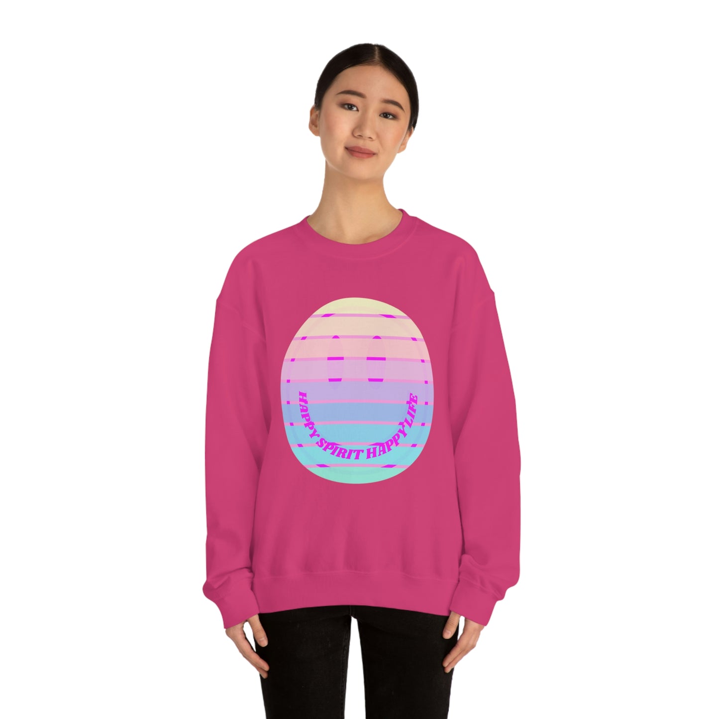 Happy Spirit Happy Life Sweatshirt, VSCO Girl Crewneck, Oversized Retro Font Graphic Tumblr, Front Print Smile Face Trendy Cover Up