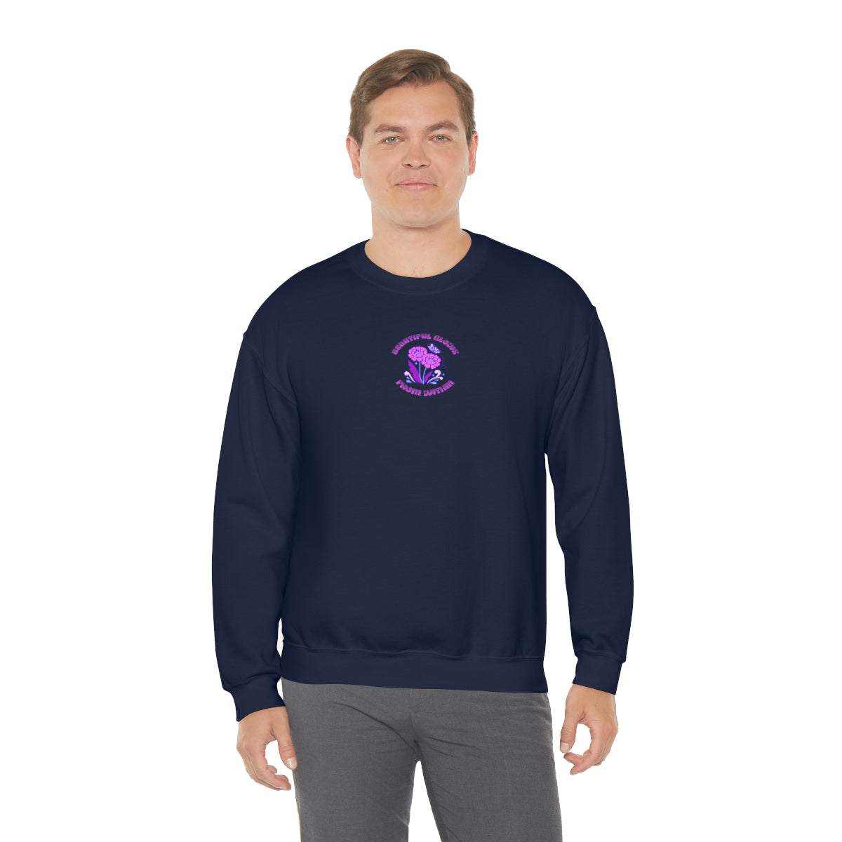 Beautiful Glows from Within Purple Flower Sweatshirt, Oversized Crewneck, Front Back Print Trendy Sweatshirt, Beach Cover Up, Lake Cover Up