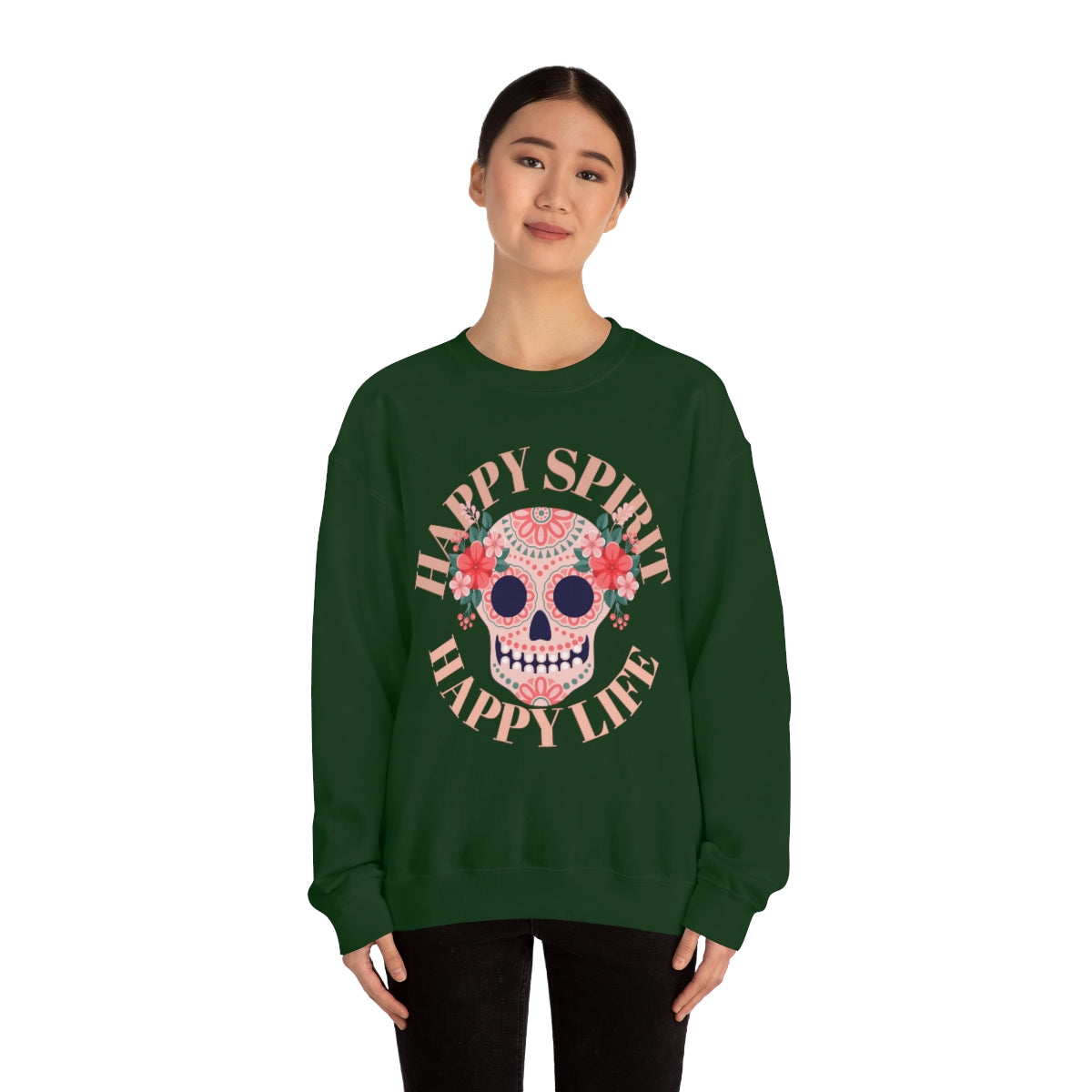 Dia De Los Muertos Crewneck Sweatshirt, Day of the Dead Gift, Happy Spirit Happy Life, Honoring the Dead Aesthetic Candy Skull, Sugar Skull