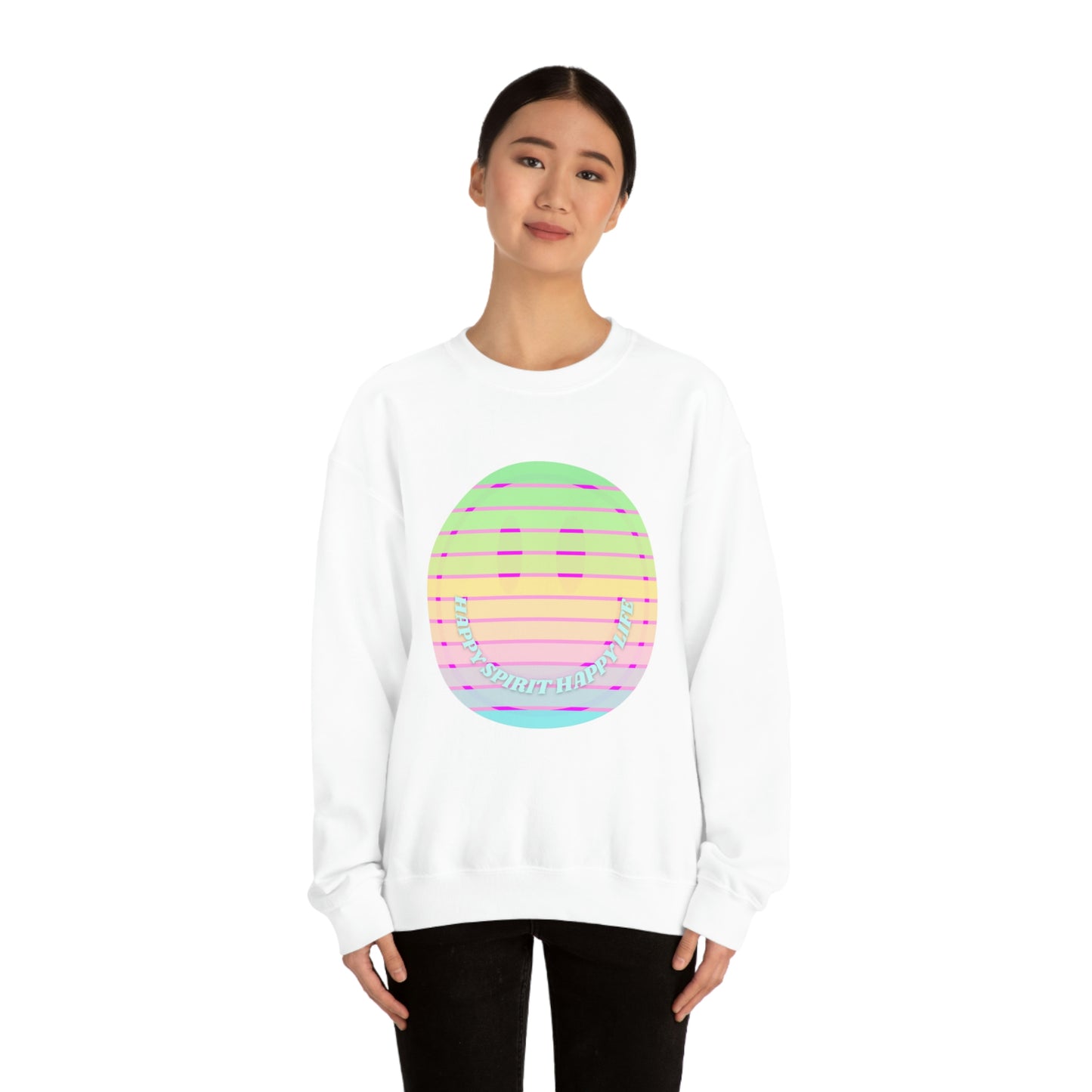 Happy Spirit Happy Life Sweatshirt, VSCO Girl Crewneck, Oversized Retro Font Graphic Tumblr, Front Print Smile Face Trendy Cover Up