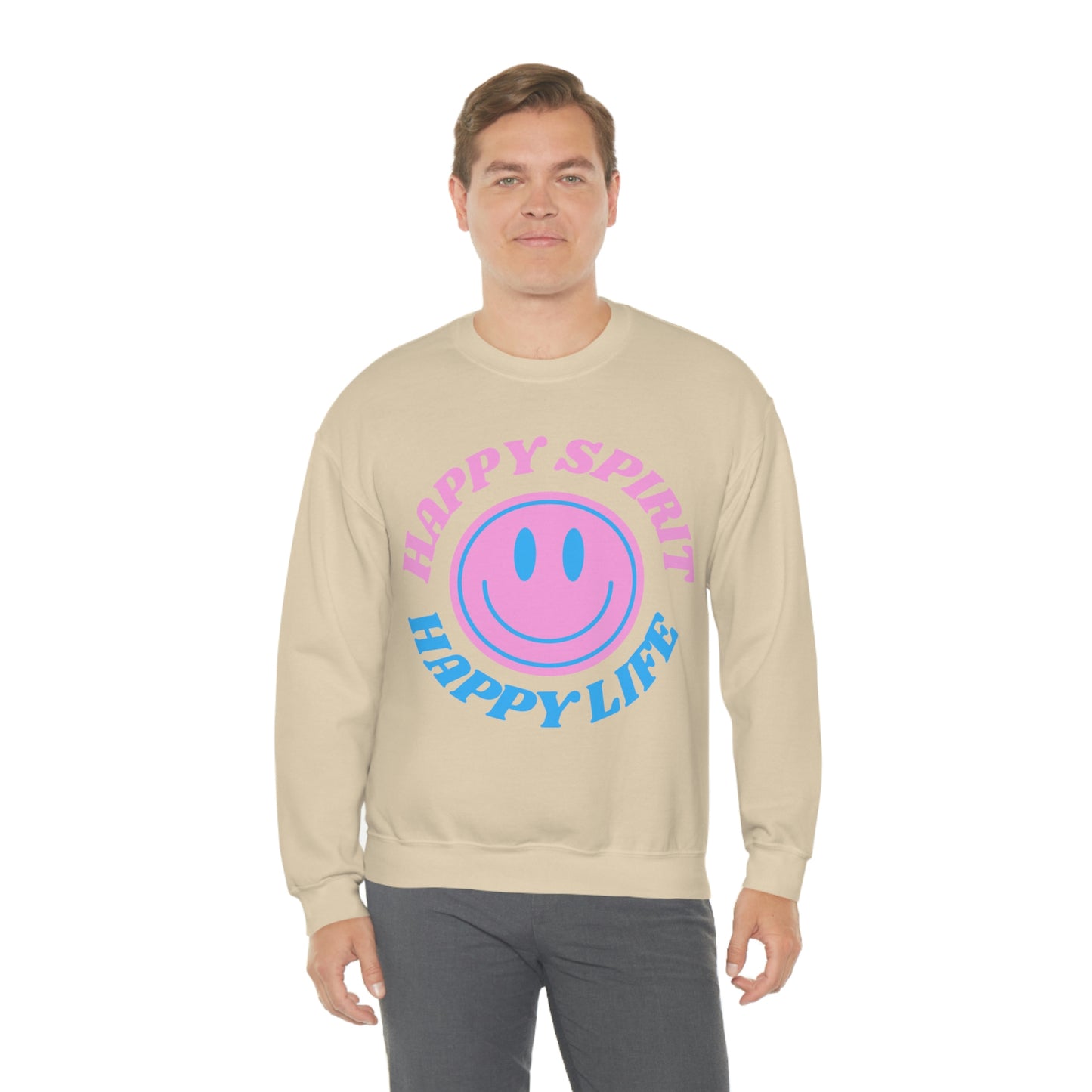 Happy Spirit Happy Life Sweatshirt, VSCO Girl Crewneck, Oversized Retro Font Graphic Tumblr, Front Print Smile Face Trendy Cover Up