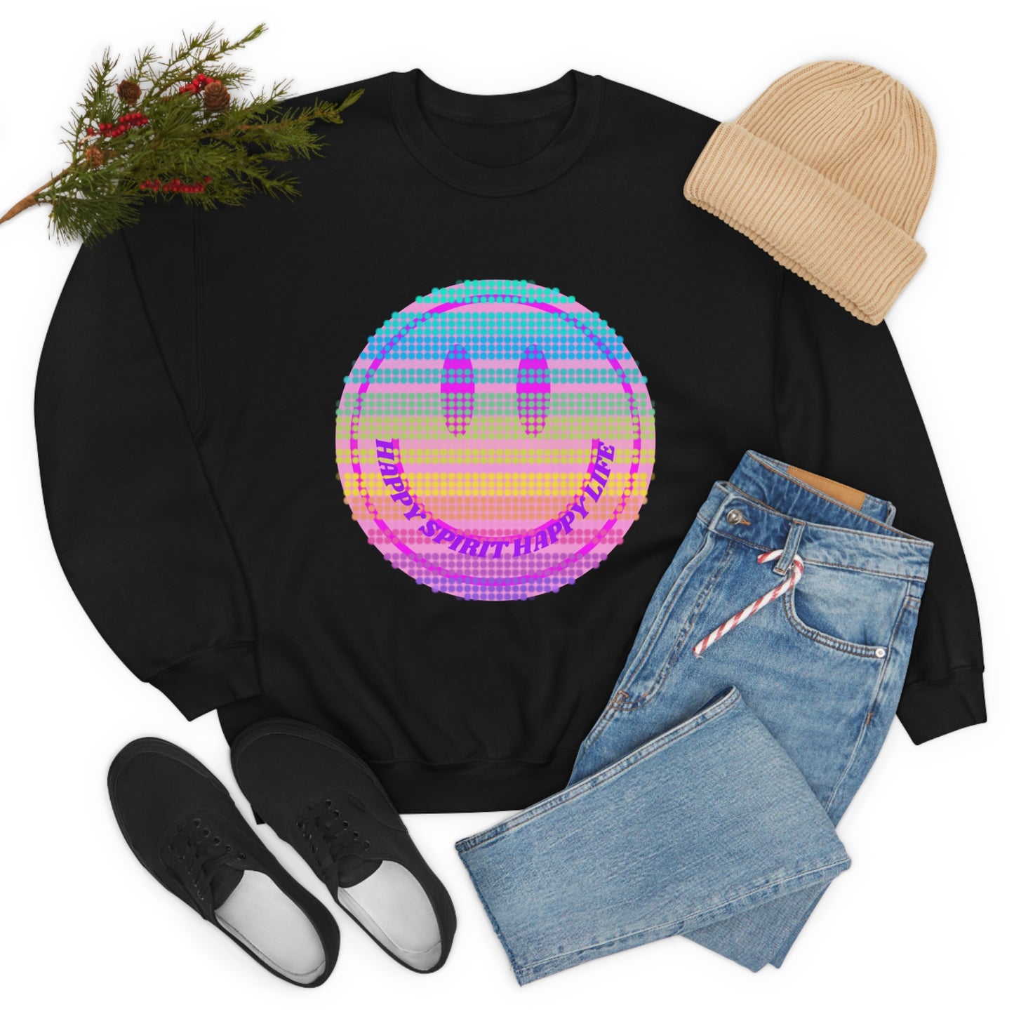 Happy Spirit Happy Life Sweatshirt, VSCO Girl Crewneck, Oversized Retro Font Graphic Tumblr, Front Print Smile Face Trendy Cover Up