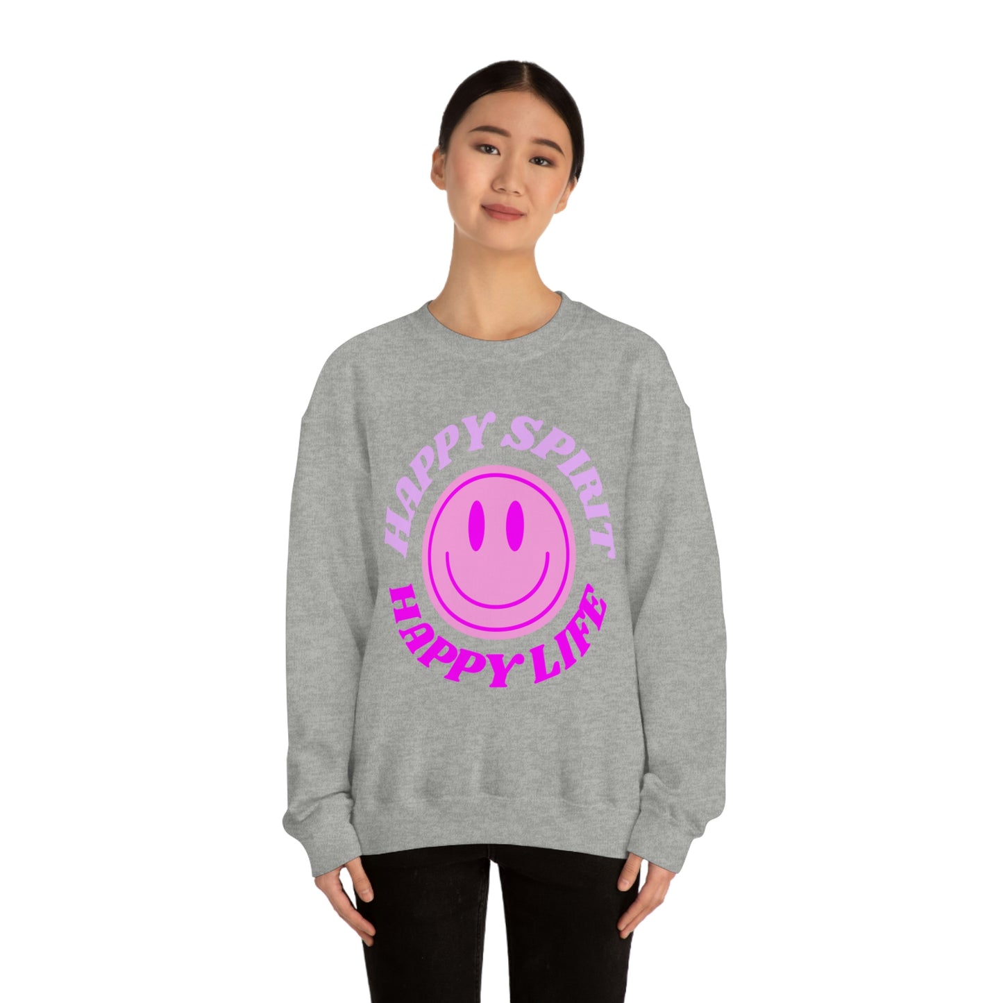 Happy Spirit Happy Life Sweatshirt, VSCO Girl Crewneck, Oversized Retro Font Graphic Tumblr, Front Print Smile Face Trendy Cover Up