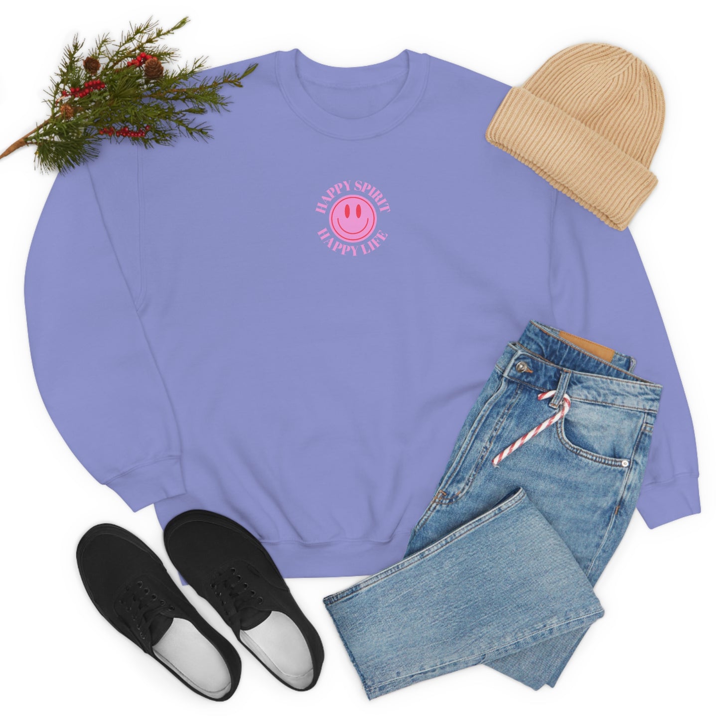 Retro Happy Spirit Happy Life Lavender Lilac Pink Smile Graphic Crewneck, VSCO Girl Sweatshirt, Tumblr Oversized Trendy Back Print Y2k Top