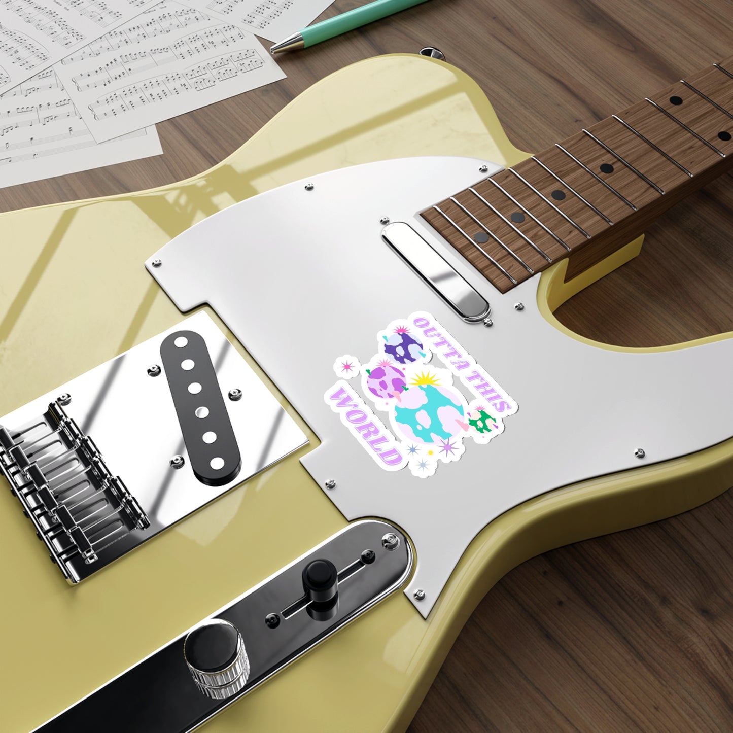Retro Aesthetic Sticker Outta This World, Happy Mind Positivity Die-Cut Sticker, Pink Purple Galaxy Earth Smile Y2K Graphic