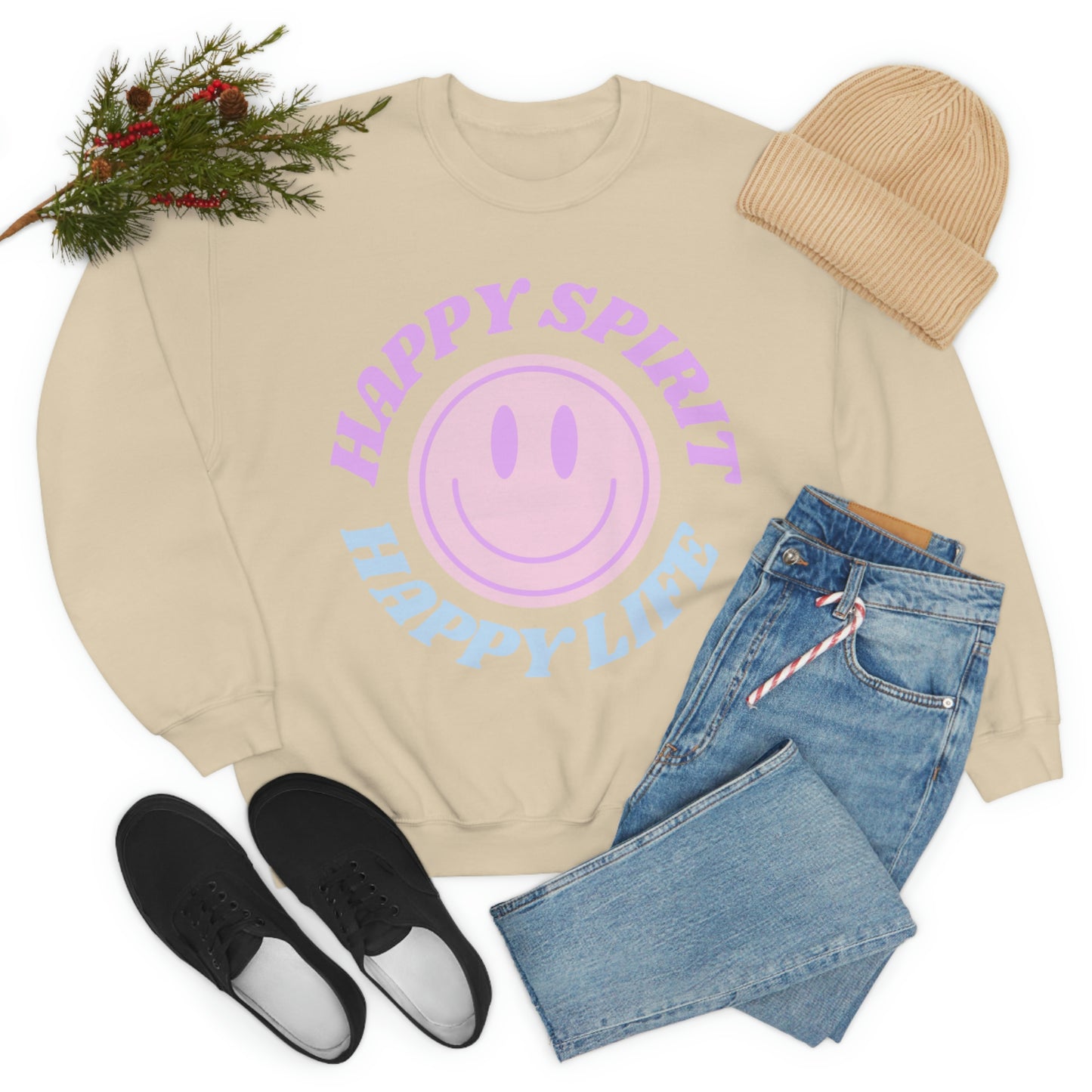Happy Spirit Happy Life Sweatshirt, VSCO Girl Crewneck, Oversized Retro Font Graphic Tumblr, Front Print Smile Face Trendy Cover Up