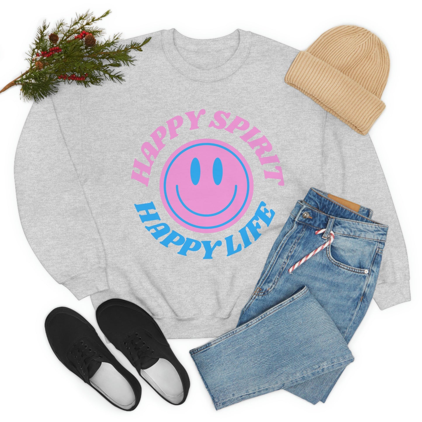 Happy Spirit Happy Life Sweatshirt, VSCO Girl Crewneck, Oversized Retro Font Graphic Tumblr, Front Print Smile Face Trendy Cover Up