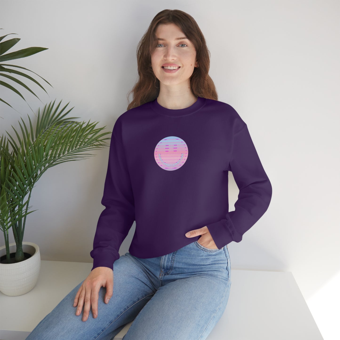 Happy Spirit Happy Life Sweatshirt, VSCO Girl Crewneck, Oversized Retro Font Graphic Tumblr, Front Print Smile Face Trendy Cover Up