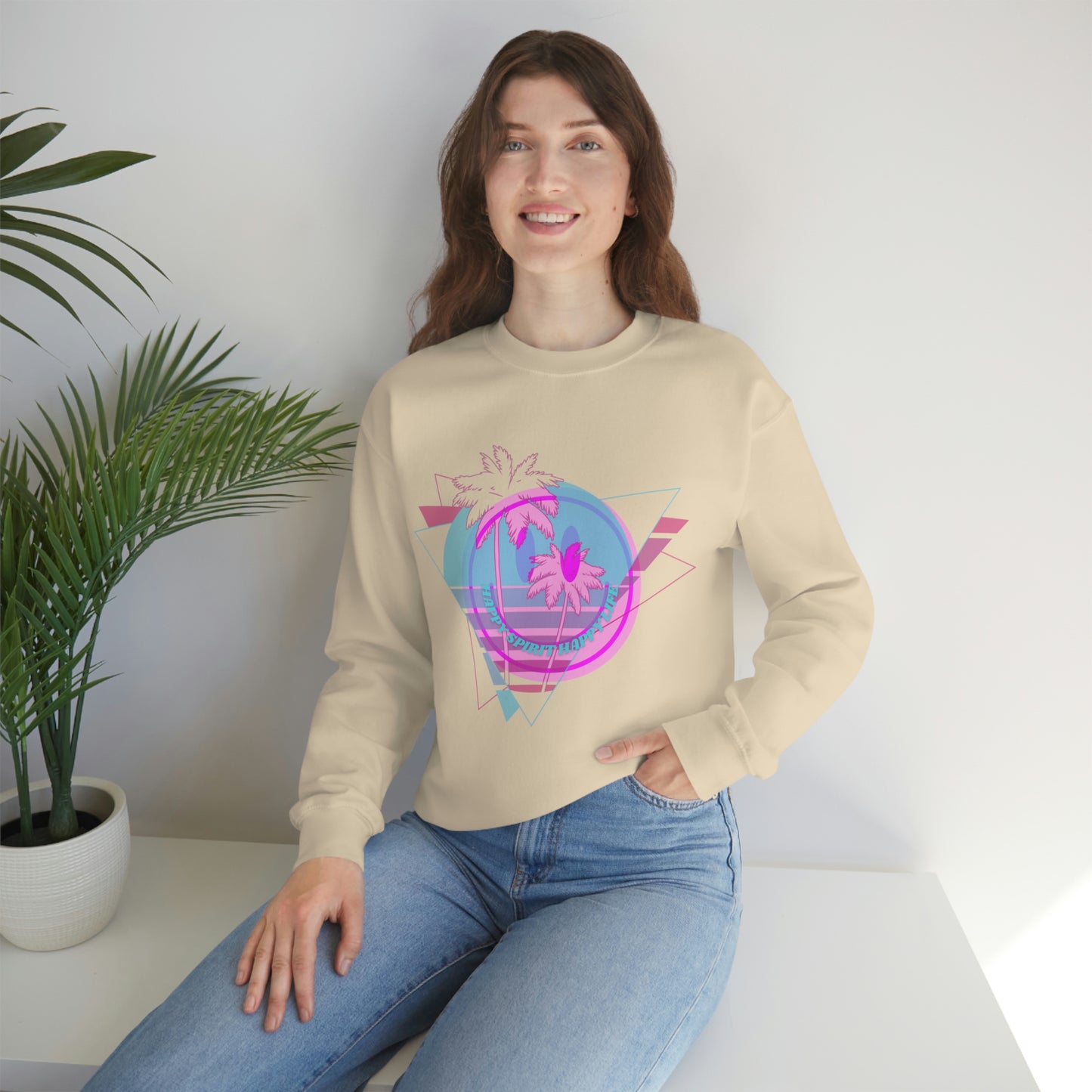 Happy Spirit Happy Life Sweatshirt, VSCO Girl Crewneck, Oversized Retro Font Graphic Tumblr, Front Print Smile Face Trendy Cover Up