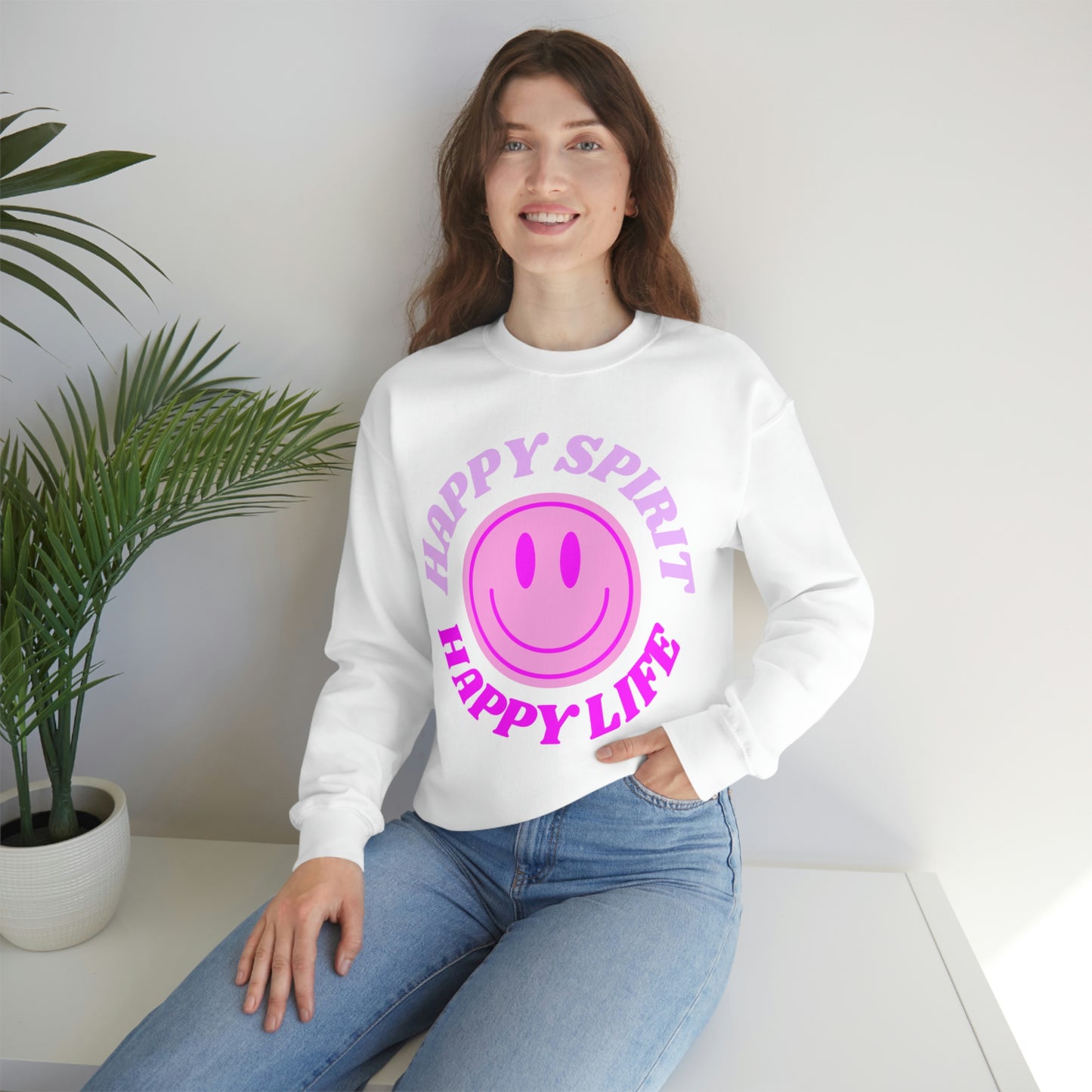 Happy Spirit Happy Life Sweatshirt, VSCO Girl Crewneck, Oversized Retro Font Graphic Tumblr, Front Print Smile Face Trendy Cover Up