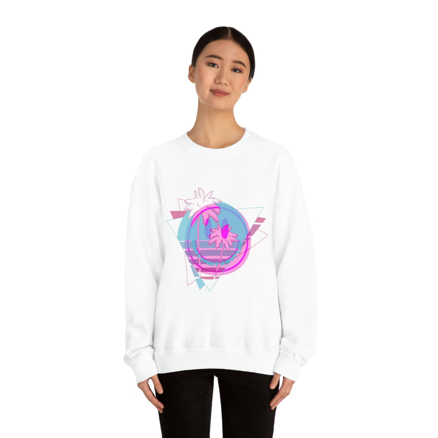 Happy Spirit Happy Life Sweatshirt, VSCO Girl Crewneck, Oversized Retro Font Graphic Tumblr, Front Print Smile Face Trendy Cover Up