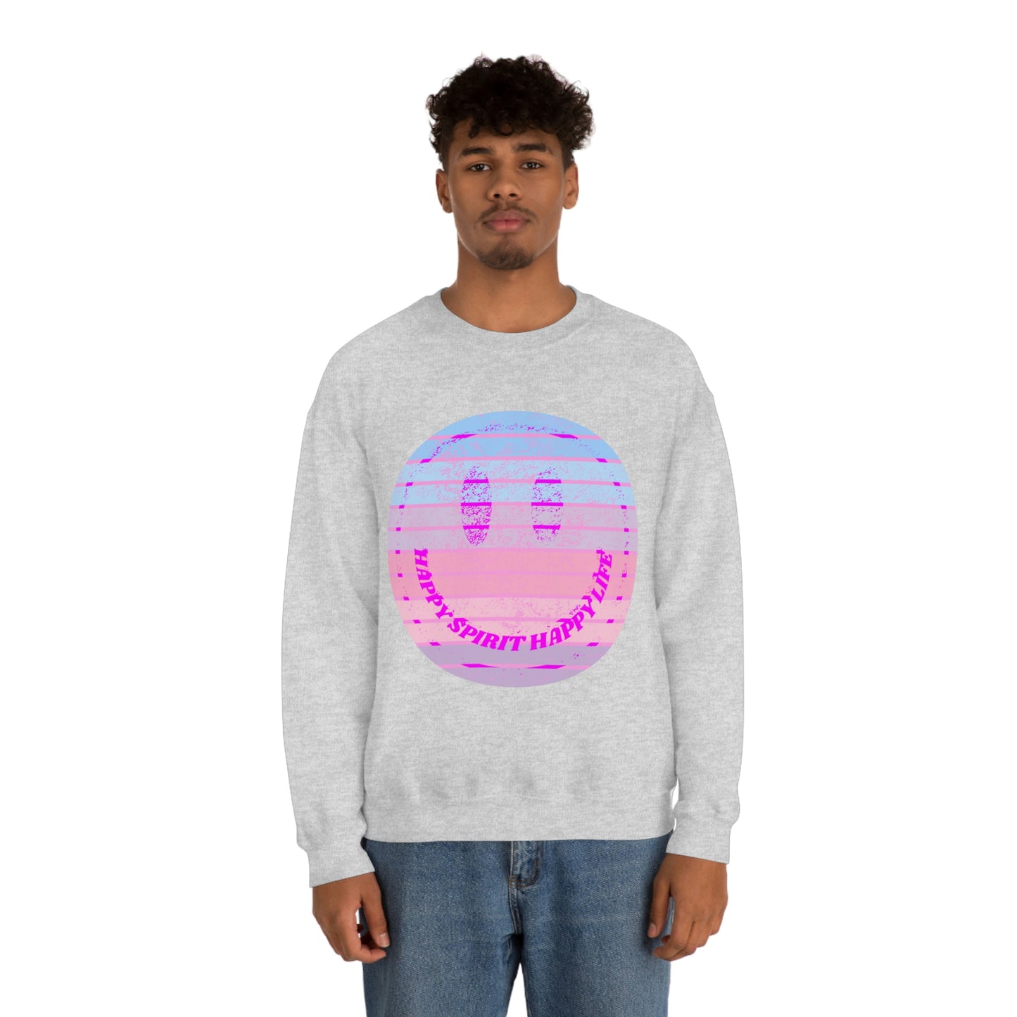 Happy Spirit Happy Life Sweatshirt, VSCO Girl Crewneck, Oversized Retro Font Graphic Tumblr, Front Print Smile Face Trendy Cover Up