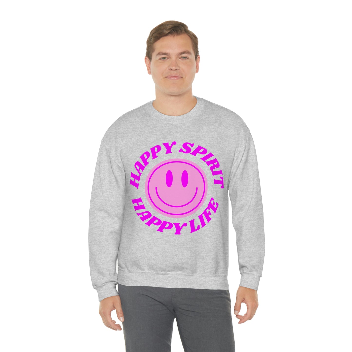 Happy Spirit Happy Life Sweatshirt, VSCO Girl Crewneck, Oversized Retro Font Graphic Tumblr, Front Print Smile Face Trendy Cover Up