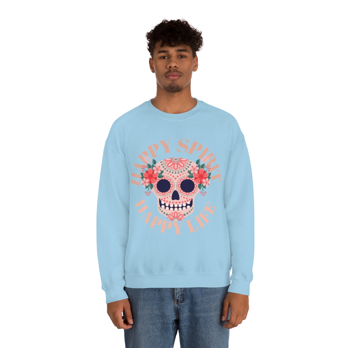 Dia De Los Muertos Crewneck Sweatshirt, Day of the Dead Gift, Happy Spirit Happy Life, Honoring the Dead Aesthetic Candy Skull, Sugar Skull