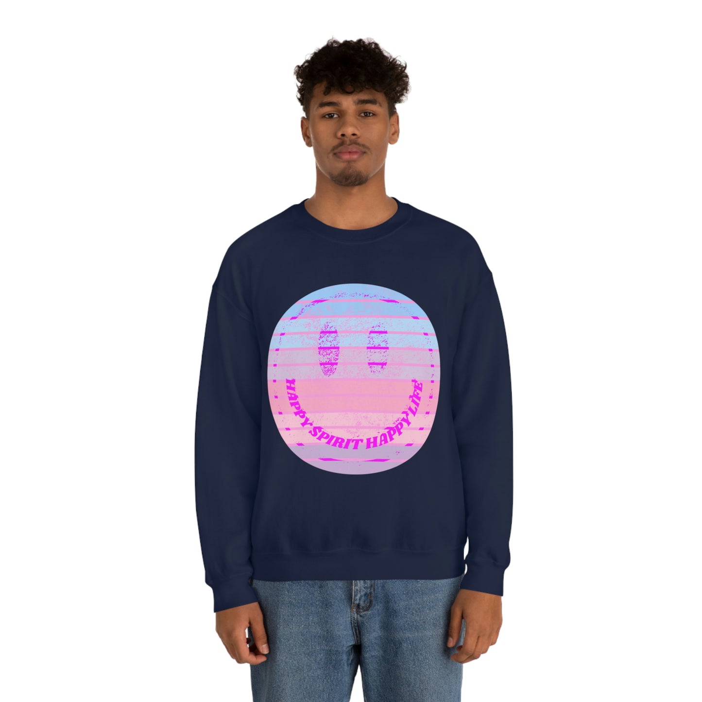 Happy Spirit Happy Life Sweatshirt, VSCO Girl Crewneck, Oversized Retro Font Graphic Tumblr, Front Print Smile Face Trendy Cover Up