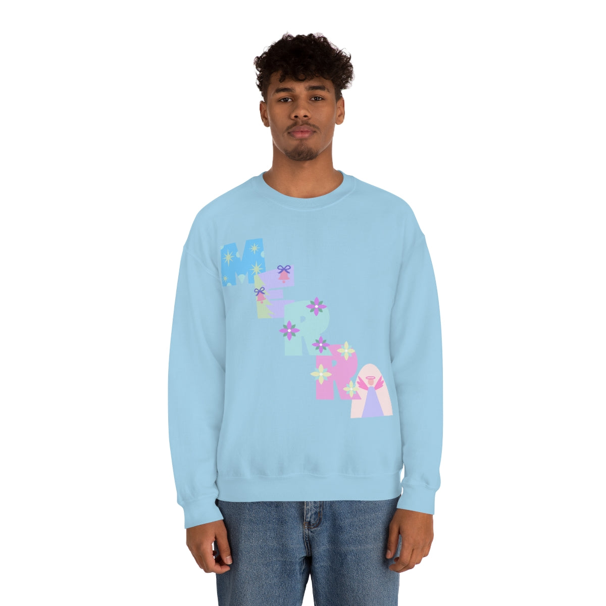 Pastel Christmas Sweatshirt, Holiday VSCO Girl Crewneck, Oversized Xmas Tumblr Sweater, Pastel Playful Letter Print Merry Trendy Sweatshirt