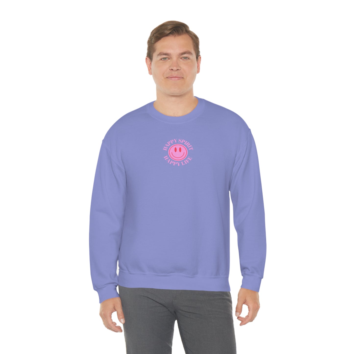 Retro Happy Spirit Happy Life Lavender Lilac Pink Smile Graphic Crewneck, VSCO Girl Sweatshirt, Tumblr Oversized Trendy Back Print Y2k Top