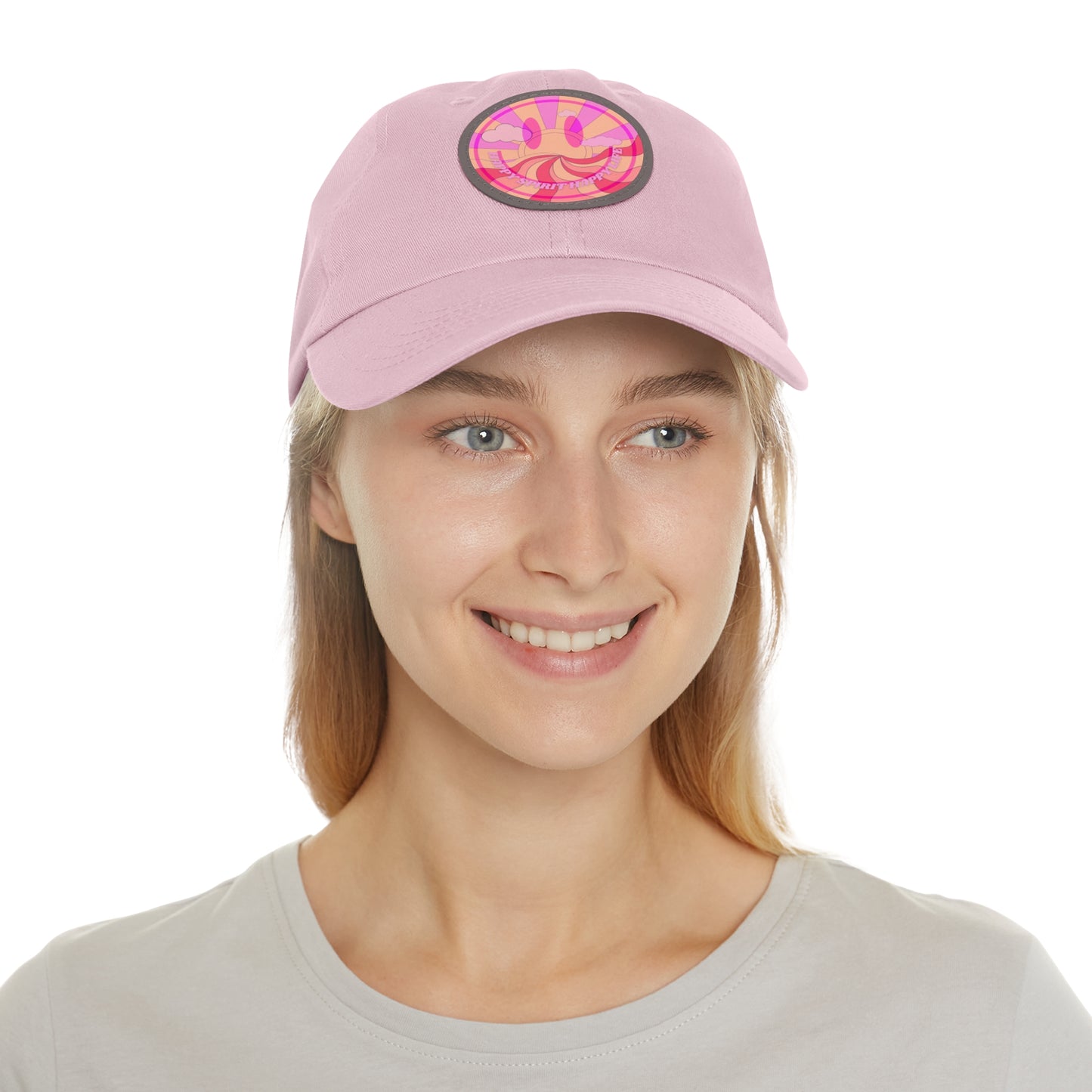 Aesthetic Pink Smile Hat, Pink Twill Dad Hat with Leather Patch (Round), Pink Golf Hat, Pink Twill Cap, Pink Cotton Hat, Pink Baseball Hat