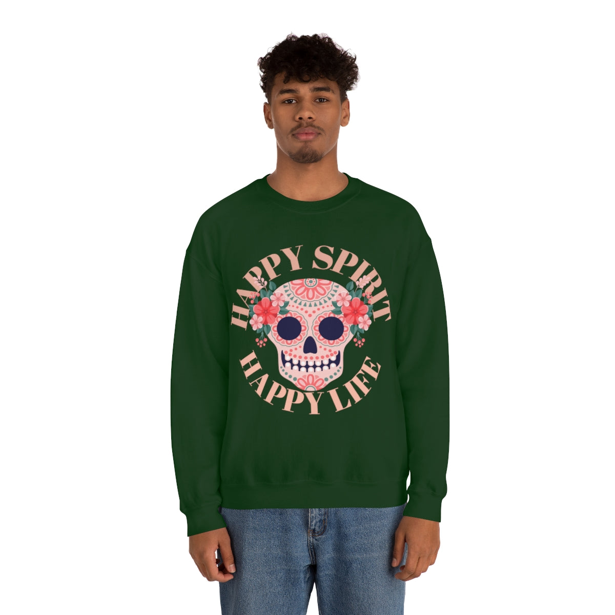 Dia De Los Muertos Crewneck Sweatshirt, Day of the Dead Gift, Happy Spirit Happy Life, Honoring the Dead Aesthetic Candy Skull, Sugar Skull