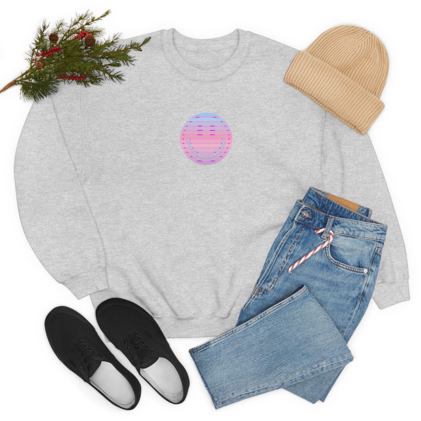 Happy Spirit Happy Life Sweatshirt, VSCO Girl Crewneck, Oversized Retro Font Graphic Tumblr, Front Print Smile Face Trendy Cover Up