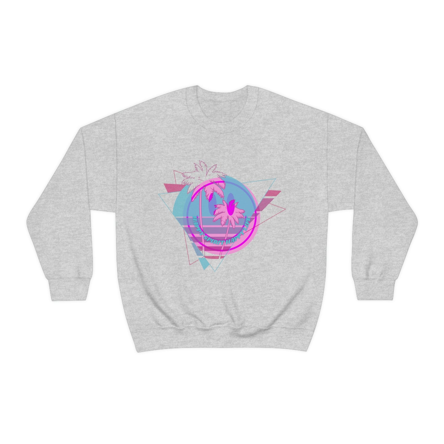 Happy Spirit Happy Life Sweatshirt, VSCO Girl Crewneck, Oversized Retro Font Graphic Tumblr, Front Print Smile Face Trendy Cover Up