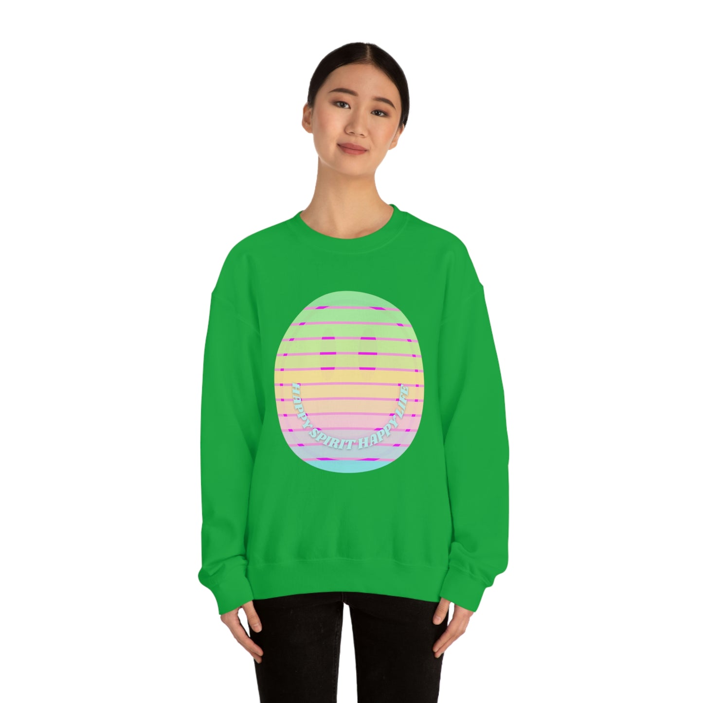 Happy Spirit Happy Life Sweatshirt, VSCO Girl Crewneck, Oversized Retro Font Graphic Tumblr, Front Print Smile Face Trendy Cover Up