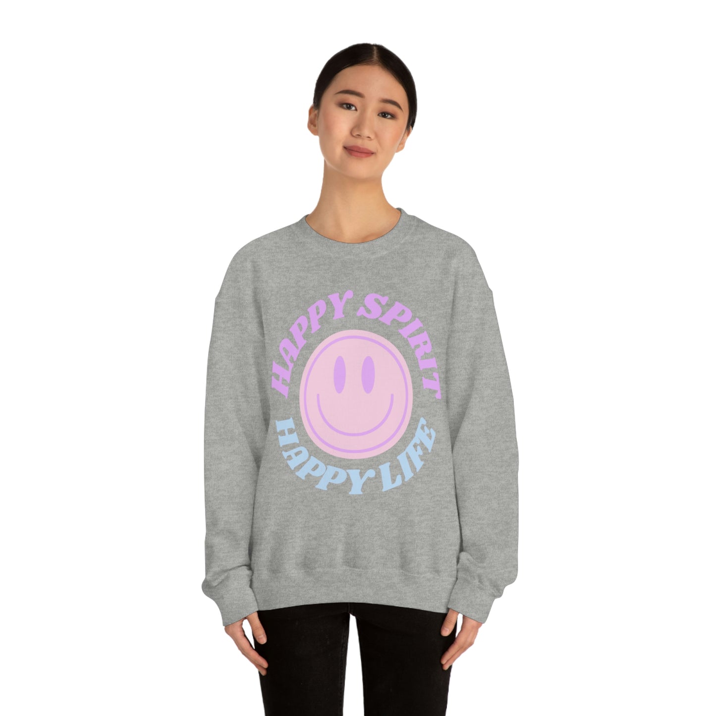 Happy Spirit Happy Life Sweatshirt, VSCO Girl Crewneck, Oversized Retro Font Graphic Tumblr, Front Print Smile Face Trendy Cover Up