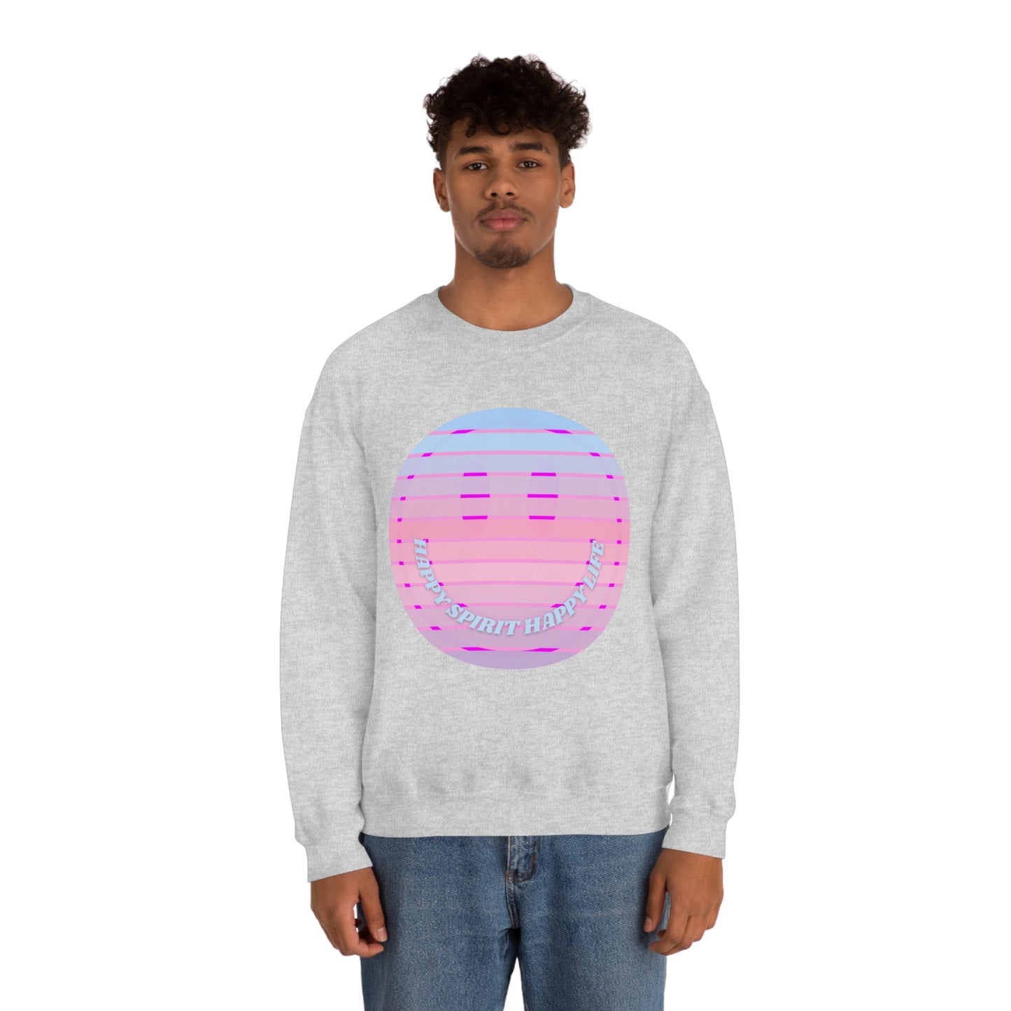Happy Spirit Happy Life Sweatshirt, VSCO Girl Crewneck, Oversized Retro Font Graphic Tumblr, Front Print Smile Face Trendy Cover Up