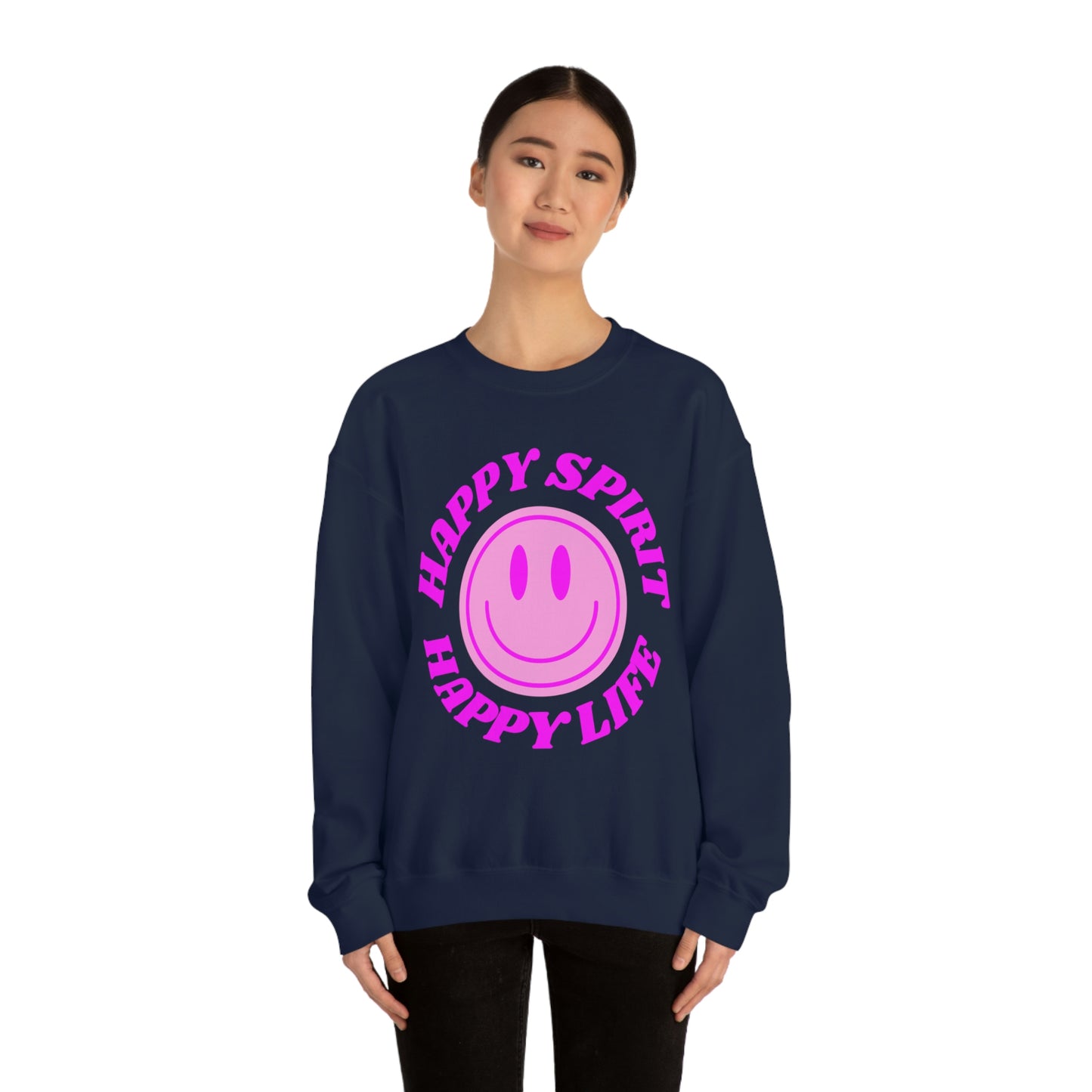 Happy Spirit Happy Life Sweatshirt, VSCO Girl Crewneck, Oversized Retro Font Graphic Tumblr, Front Print Smile Face Trendy Cover Up