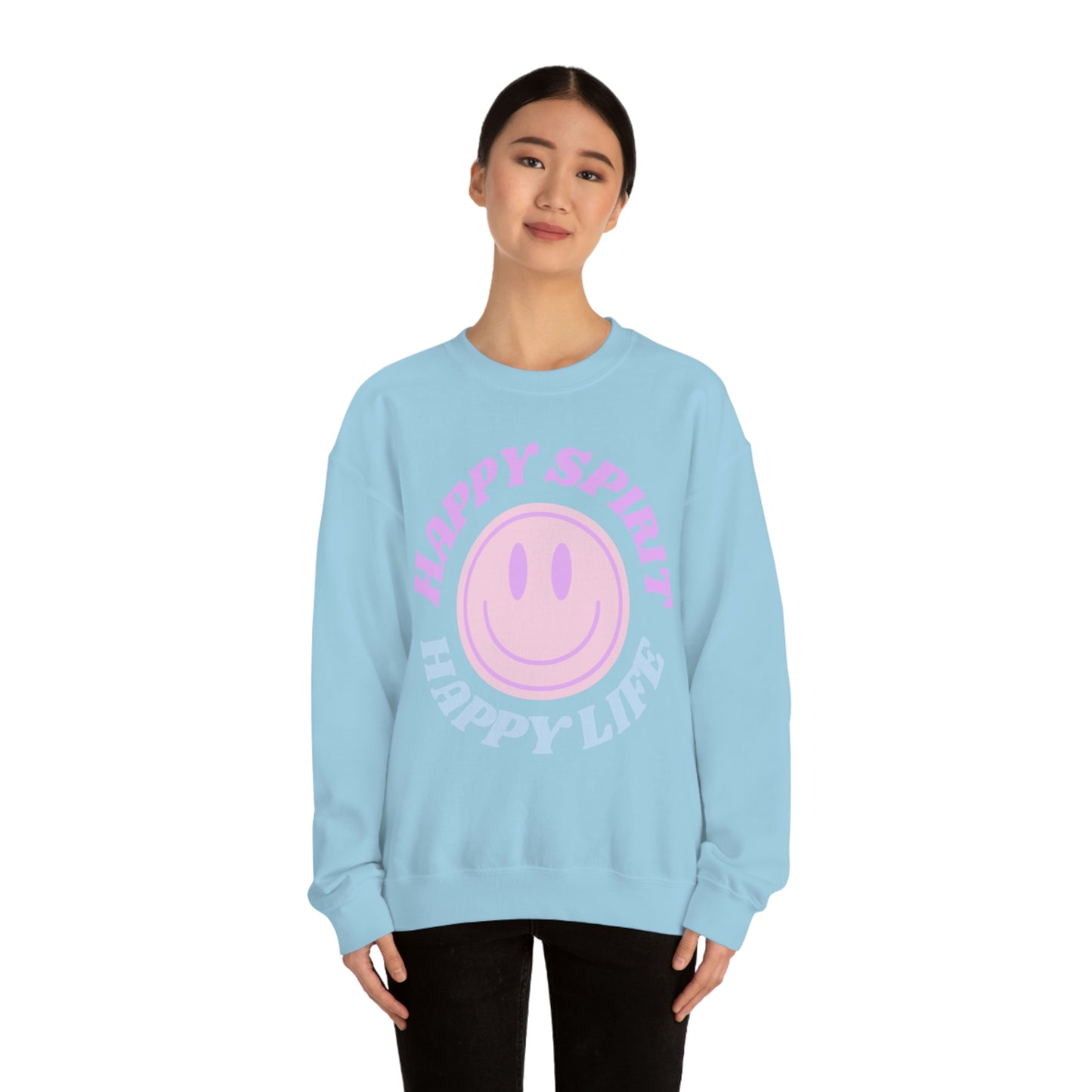 Happy Spirit Happy Life Sweatshirt, VSCO Girl Crewneck, Oversized Retro Font Graphic Tumblr, Front Print Smile Face Trendy Cover Up