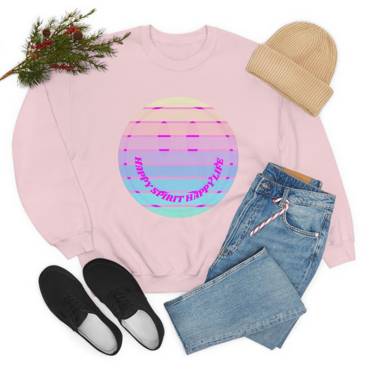 Happy Spirit Happy Life Sweatshirt, VSCO Girl Crewneck, Oversized Retro Font Graphic Tumblr, Front Print Smile Face Trendy Cover Up