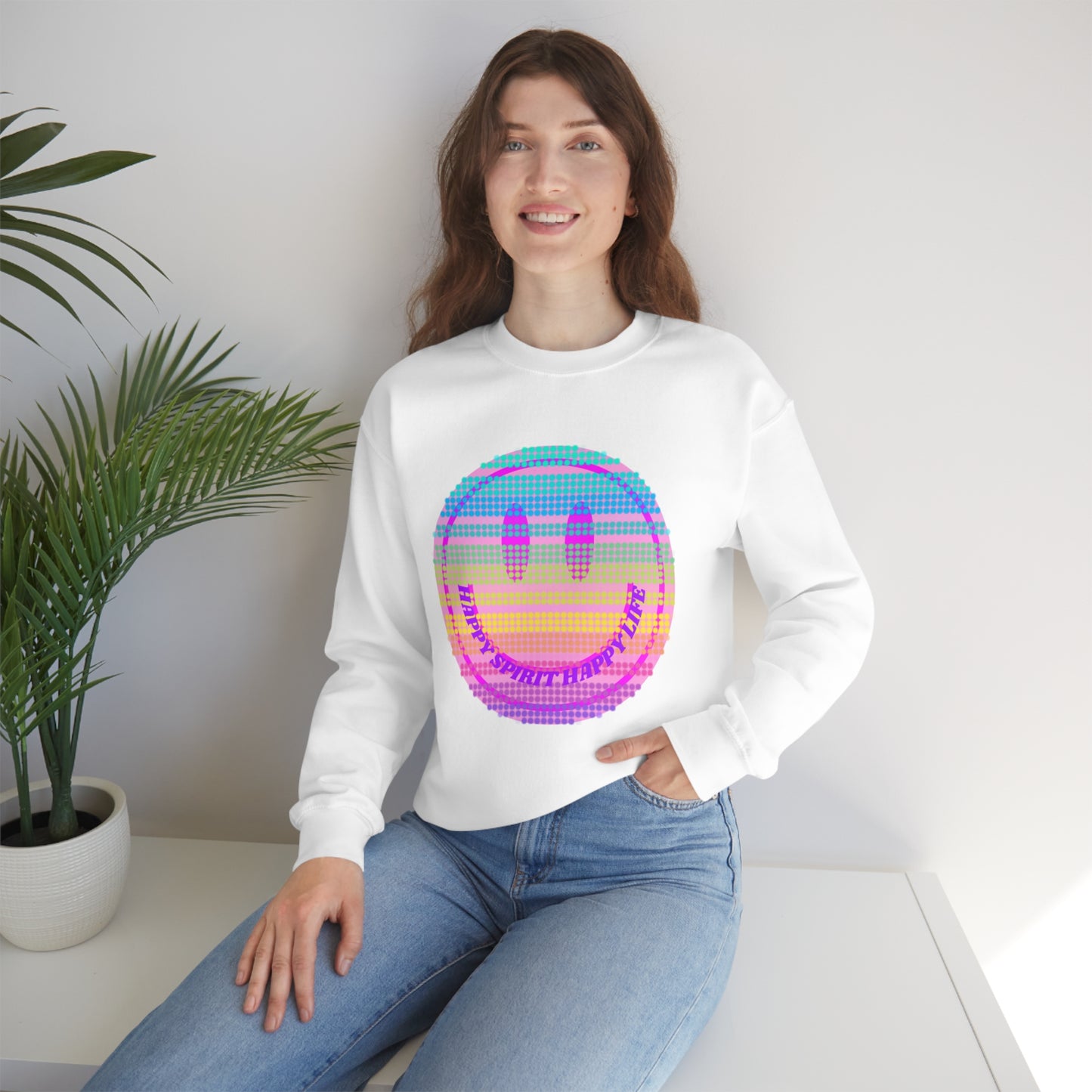 Happy Spirit Happy Life Sweatshirt, VSCO Girl Crewneck, Oversized Retro Font Graphic Tumblr, Front Print Smile Face Trendy Cover Up