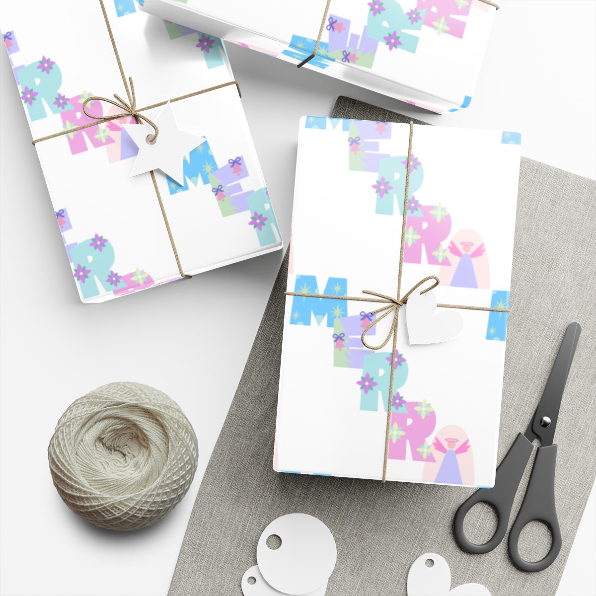 Merry Angel Pastel Gift Wrap Paper, Pink Blue Purple Wrapping Paper, Pastel Christmas Paper, Purple Holiday Wrapping Paper