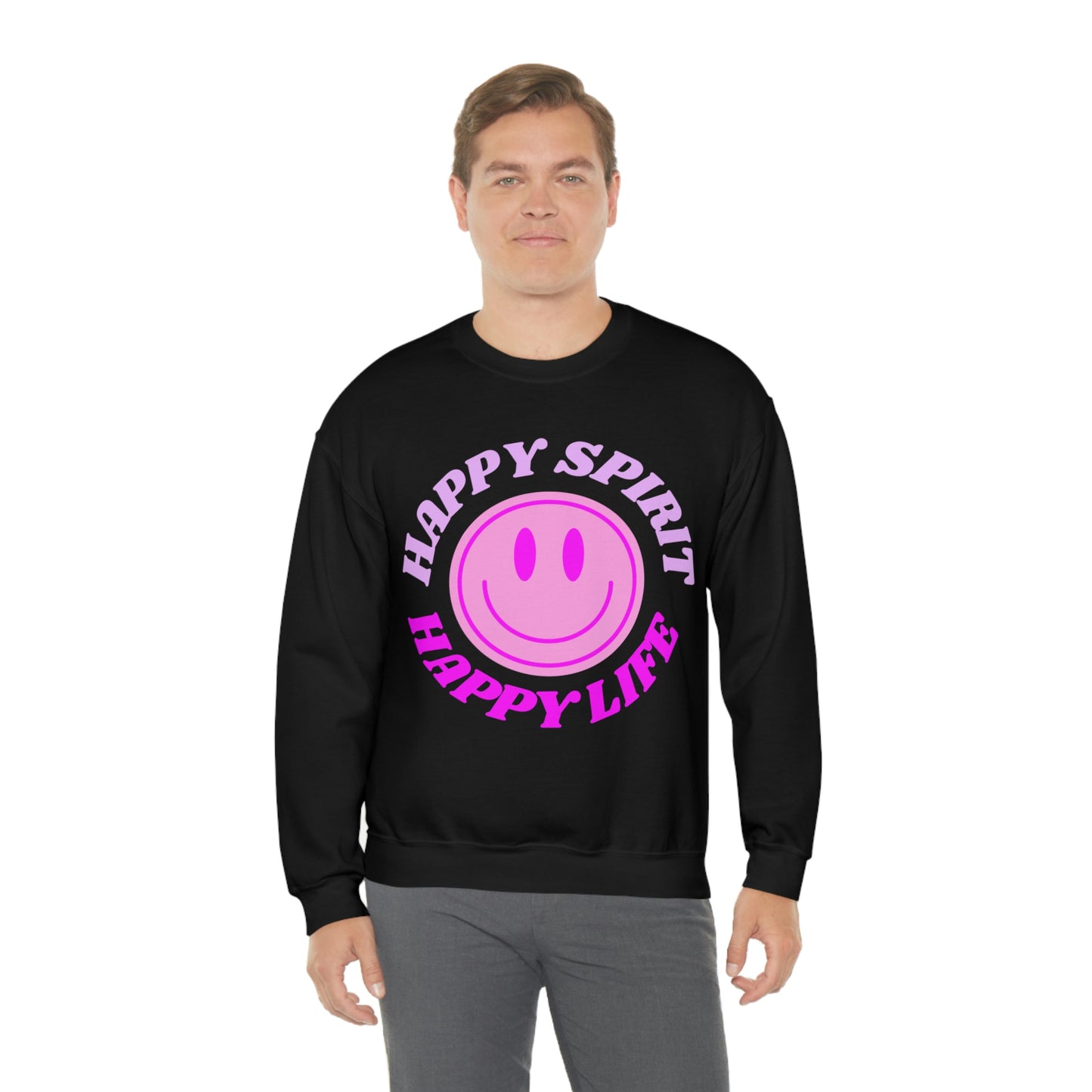 Happy Spirit Happy Life Sweatshirt, VSCO Girl Crewneck, Oversized Retro Font Graphic Tumblr, Front Print Smile Face Trendy Cover Up