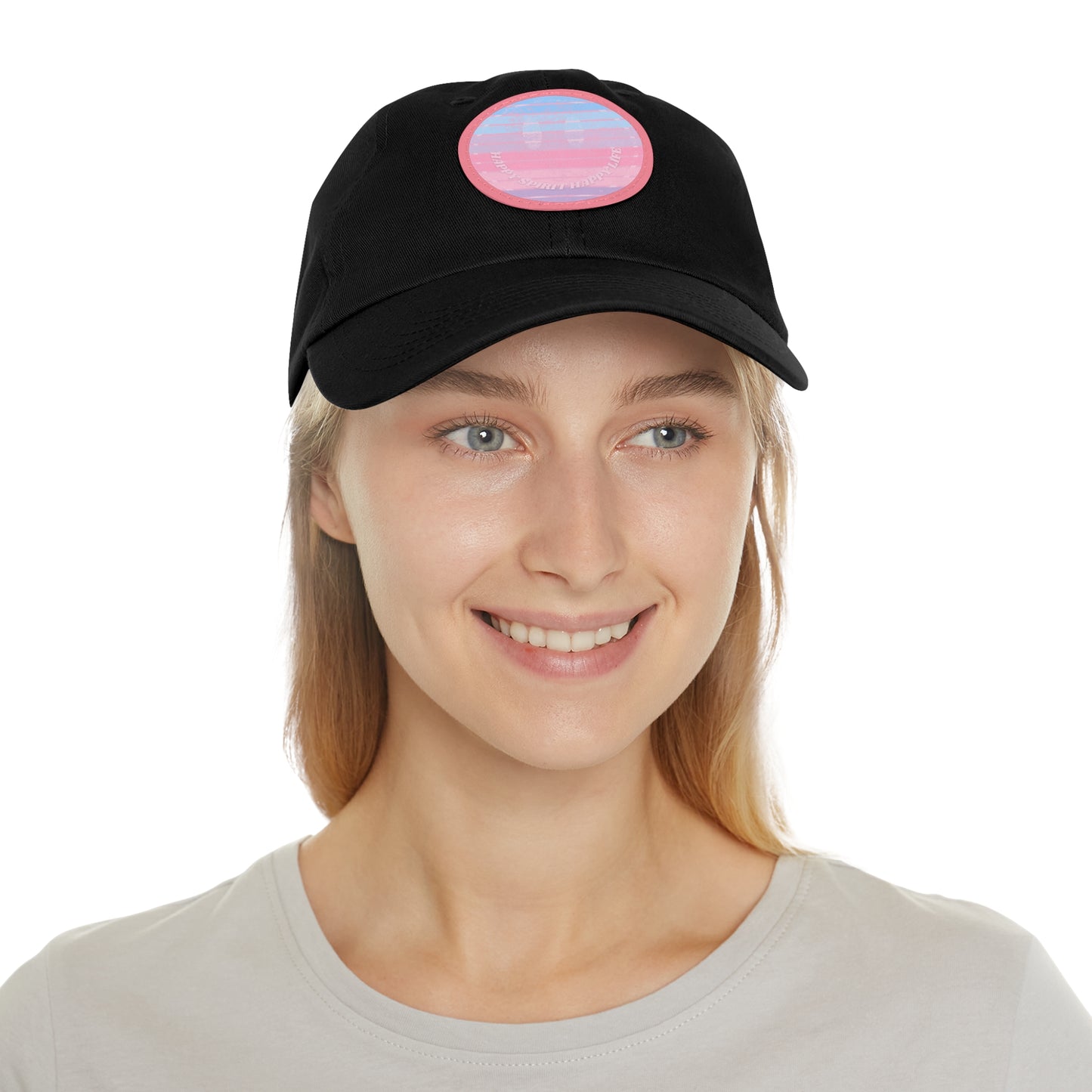 Aesthetic Pink Smile Hat, Pink Twill Dad Hat with Leather Patch (Round), Pink Golf Hat, Pink Twill Cap, Pink Cotton Hat, Pink Baseball Hat