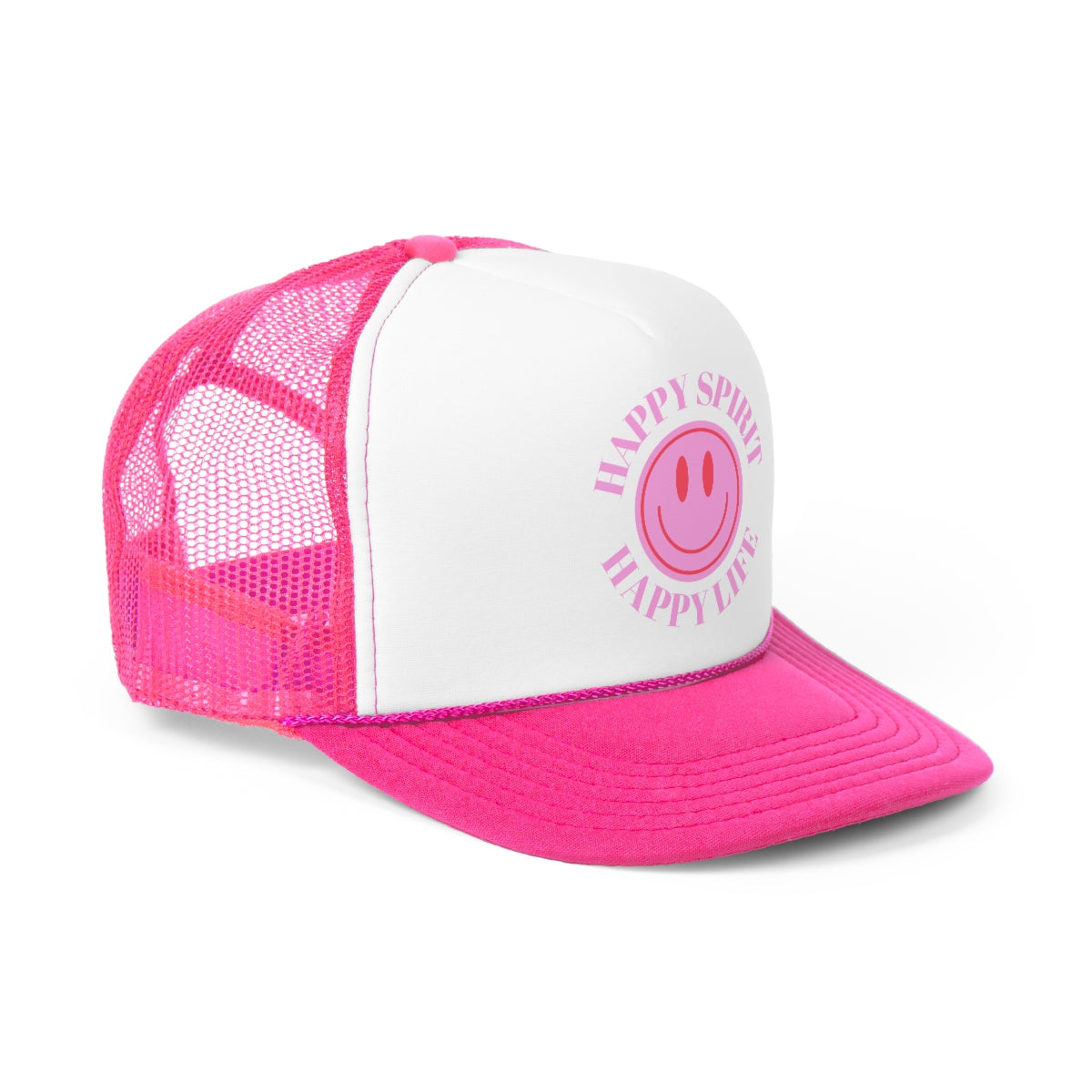 Hat Happy Spirit Happy Life- Aesthetic Hat, Smile Tumblr hat, Trendy Oversized hat, Vsco girl, Pink Graphic Trucker Hat, Baseball Hat