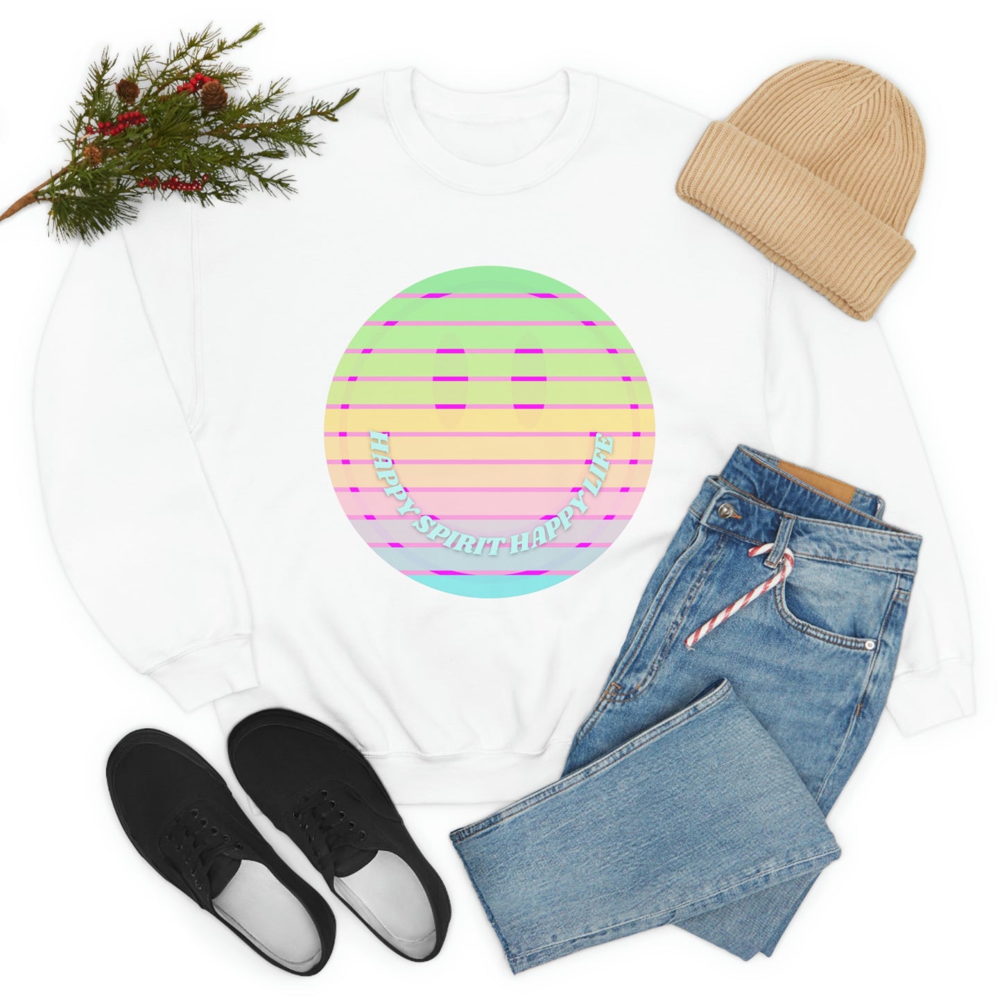 Happy Spirit Happy Life Sweatshirt, VSCO Girl Crewneck, Oversized Retro Font Graphic Tumblr, Front Print Smile Face Trendy Cover Up
