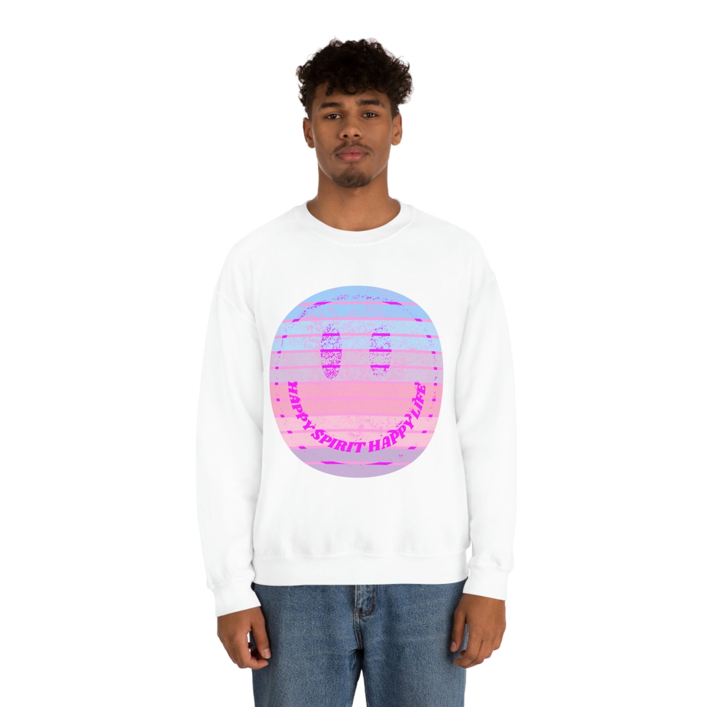 Happy Spirit Happy Life Sweatshirt, VSCO Girl Crewneck, Oversized Retro Font Graphic Tumblr, Front Print Smile Face Trendy Cover Up