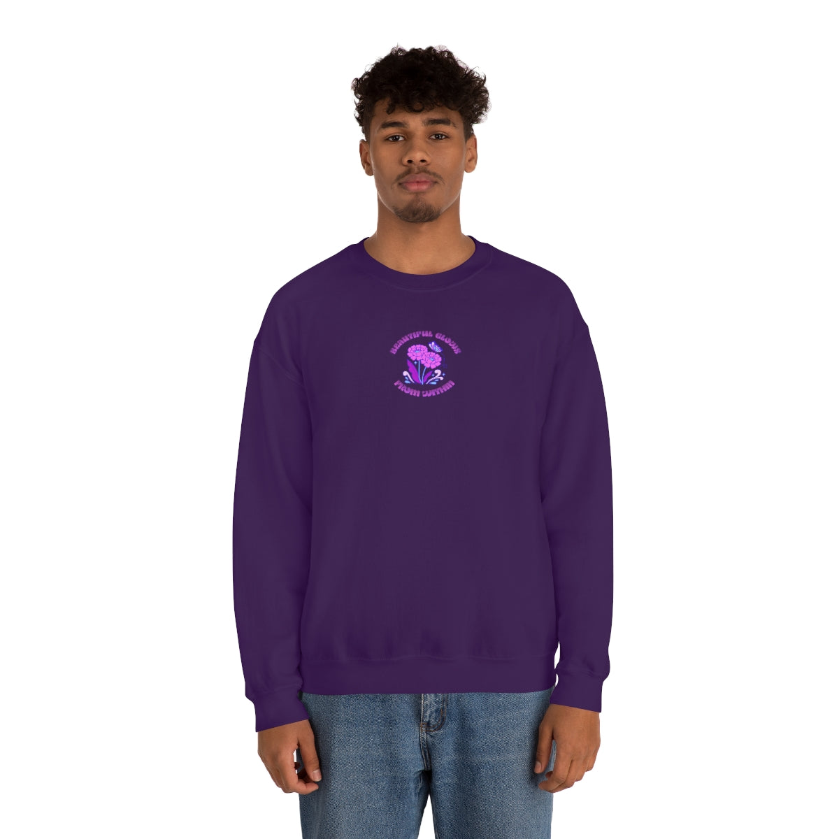 Beautiful Glows from Within Purple Flower Sweatshirt, Oversized Crewneck, Front Back Print Trendy Sweatshirt, Beach Cover Up, Lake Cover Up