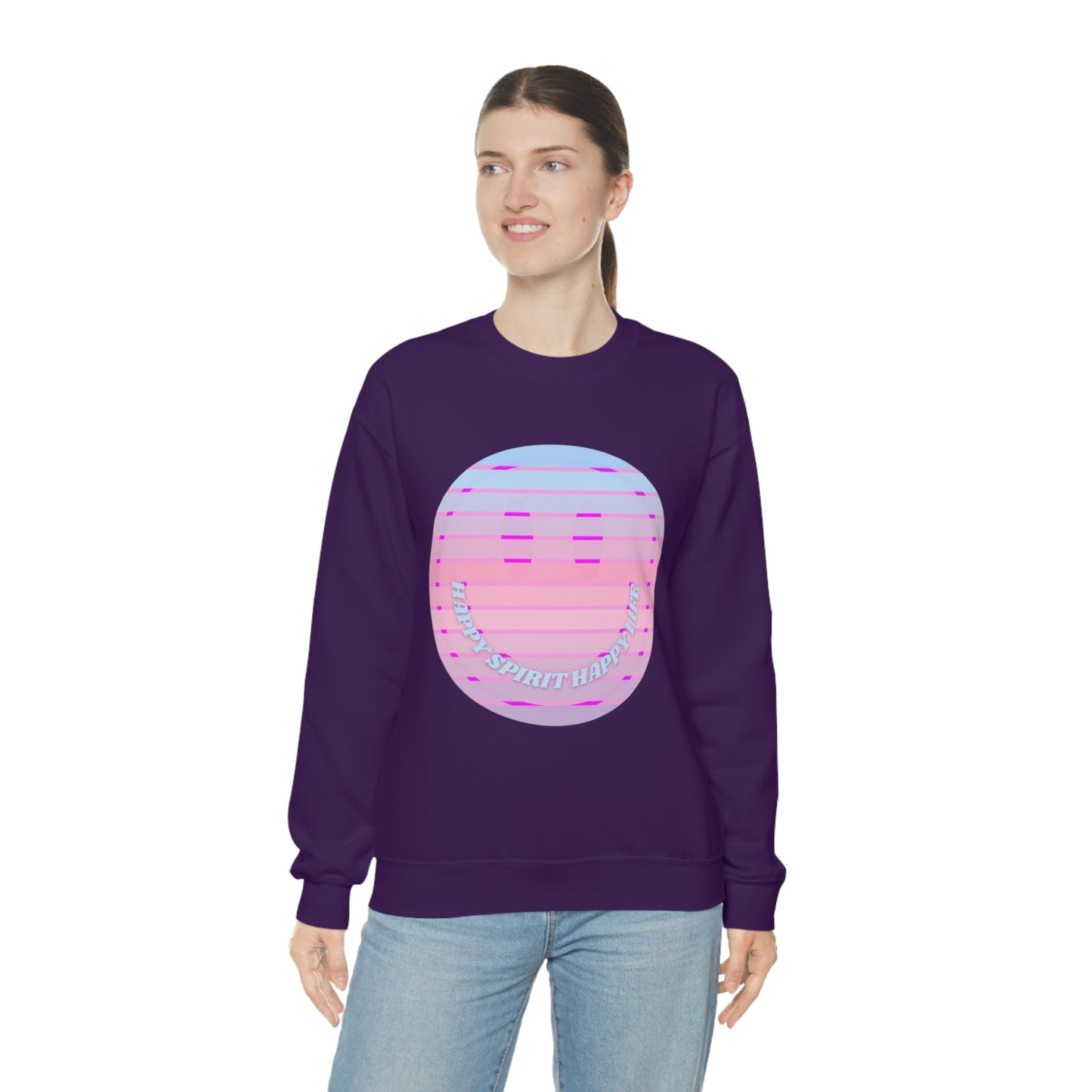 Happy Spirit Happy Life Sweatshirt, VSCO Girl Crewneck, Oversized Retro Font Graphic Tumblr, Front Print Smile Face Trendy Cover Up