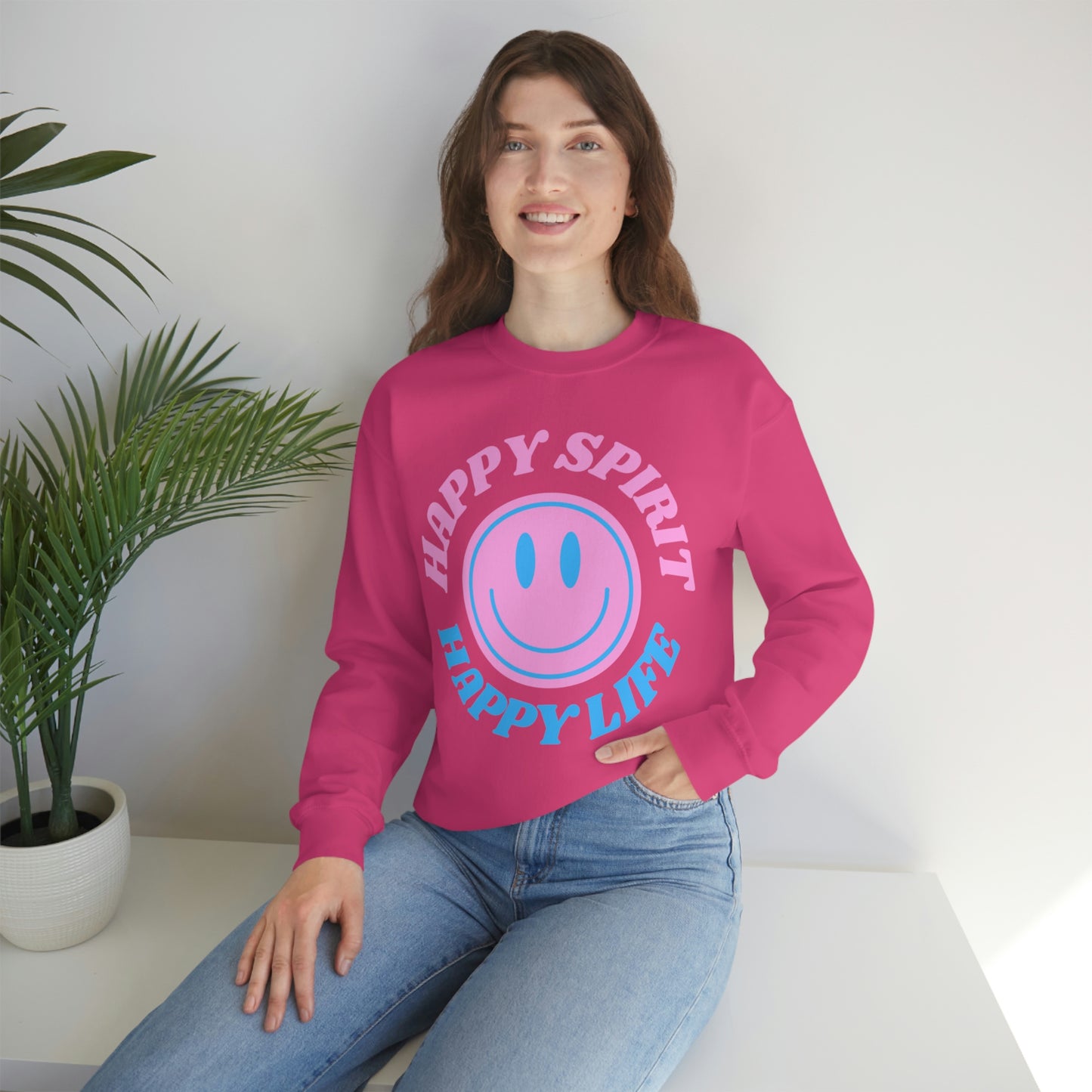 Happy Spirit Happy Life Sweatshirt, VSCO Girl Crewneck, Oversized Retro Font Graphic Tumblr, Front Print Smile Face Trendy Cover Up
