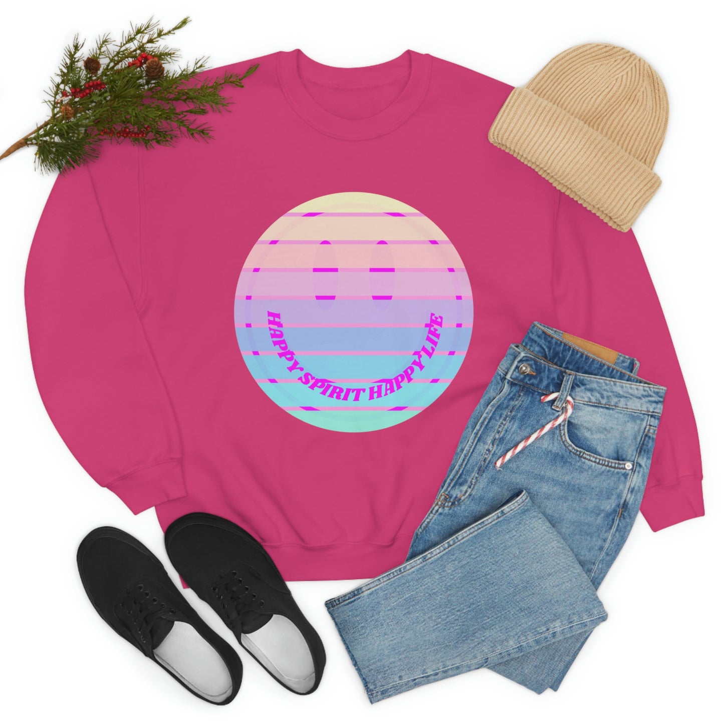 Happy Spirit Happy Life Sweatshirt, VSCO Girl Crewneck, Oversized Retro Font Graphic Tumblr, Front Print Smile Face Trendy Cover Up