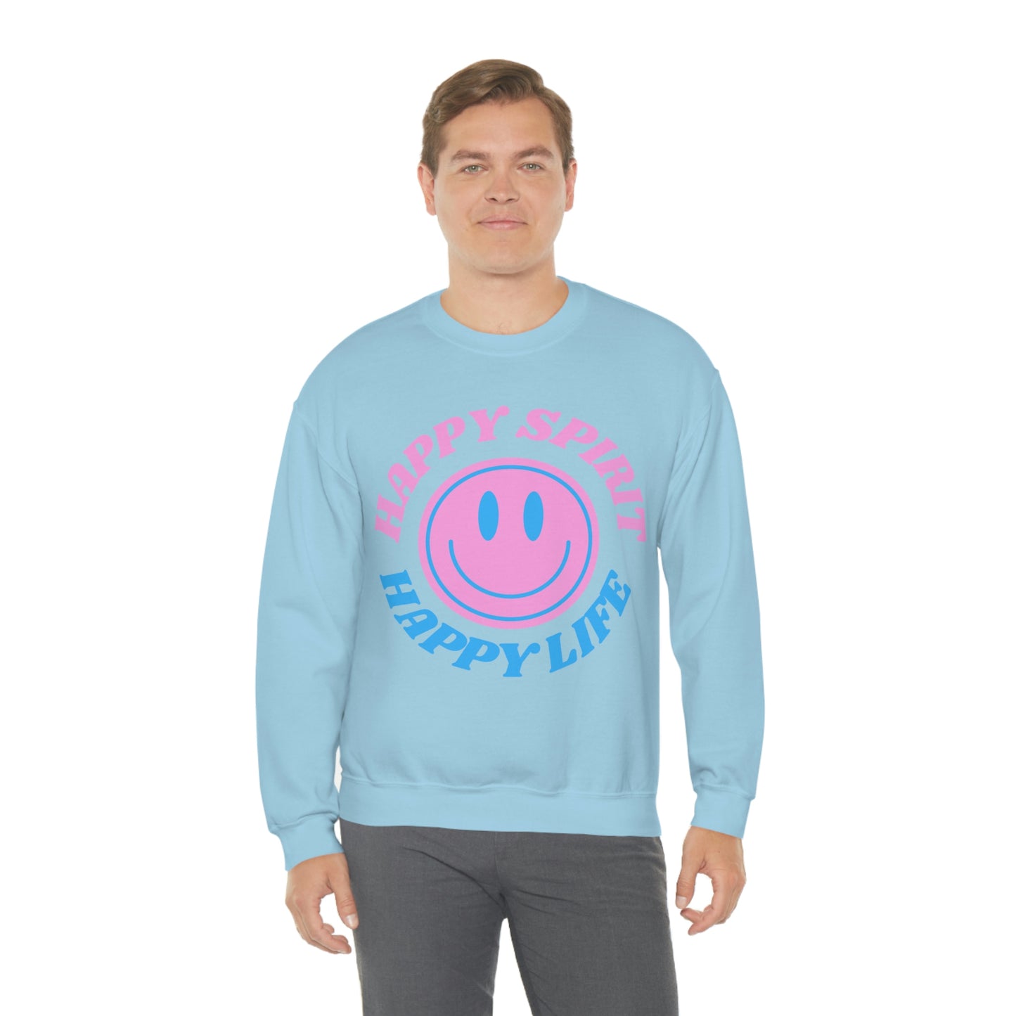 Happy Spirit Happy Life Sweatshirt, VSCO Girl Crewneck, Oversized Retro Font Graphic Tumblr, Front Print Smile Face Trendy Cover Up